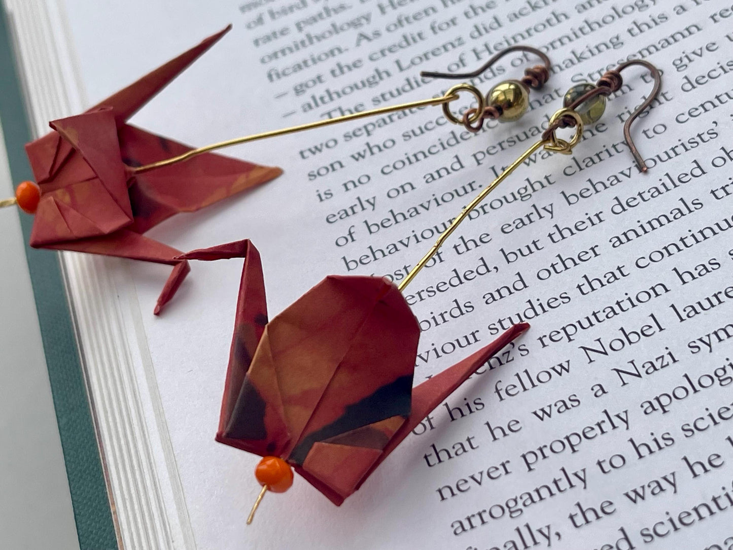 Bird origami earrings on recycled metals. Eco friendly jewellery. Bird earrings. Handmade bird jewellery. Red birds. Ethical jewellery.