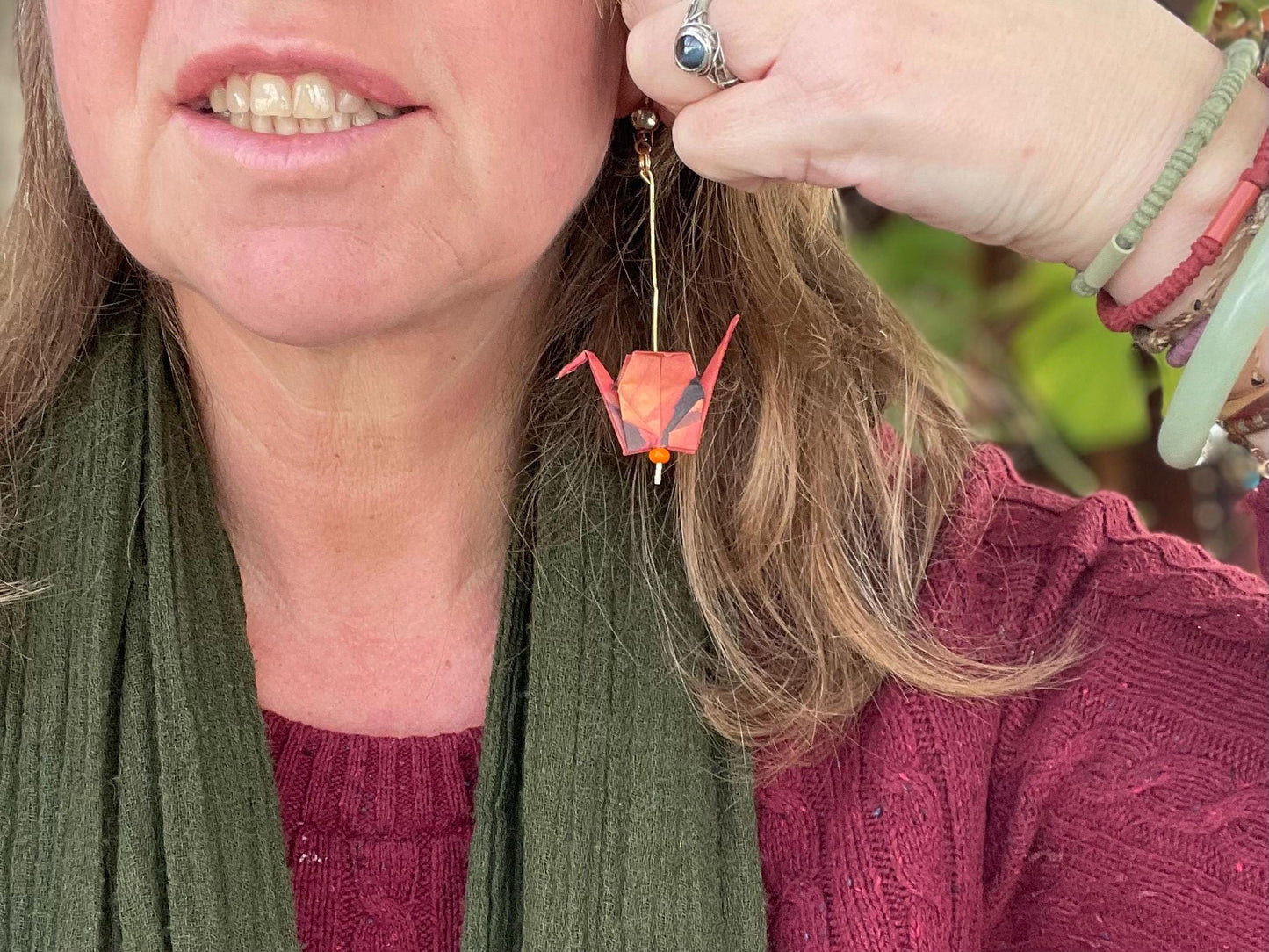 Bird origami earrings on recycled metals. Eco friendly jewellery. Bird earrings. Handmade bird jewellery. Red birds. Ethical jewellery.