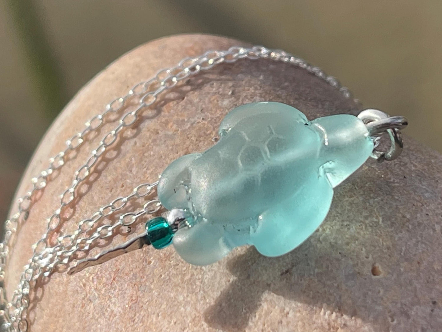 Eco friendly glass turtle necklace on a recycled sterling silver chain. Aqua turtle pendant. Eco friendly necklace, ethical jewellery.
