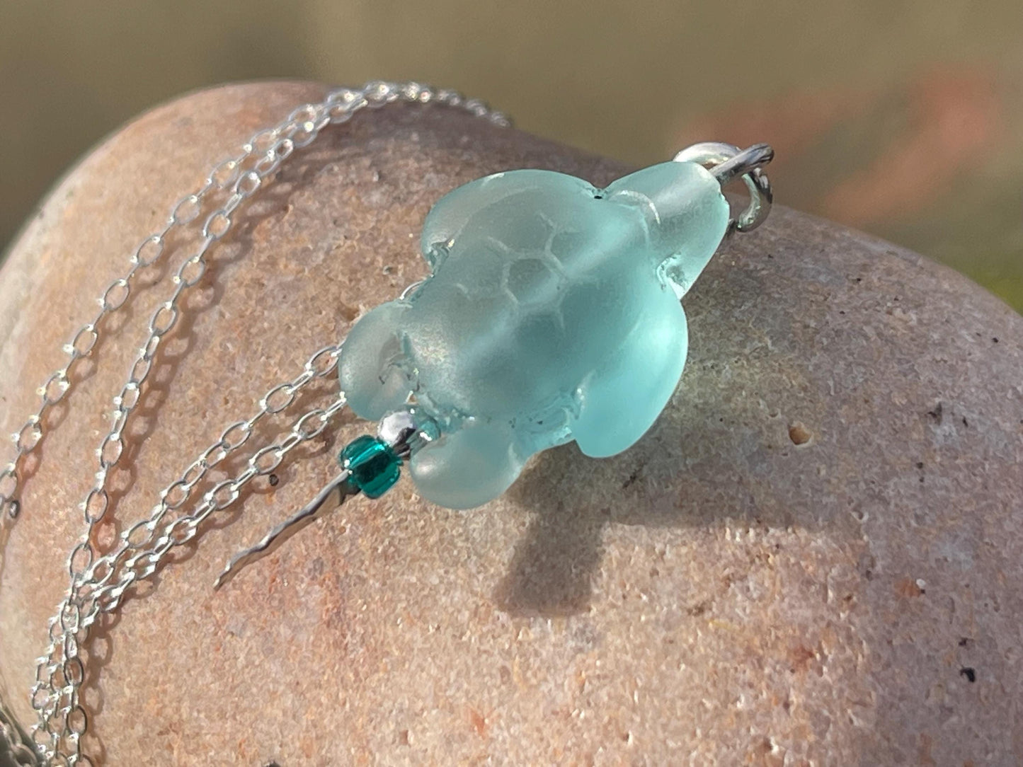 Eco friendly glass turtle necklace on a recycled sterling silver chain. Aqua turtle pendant. Eco friendly necklace, ethical jewellery.