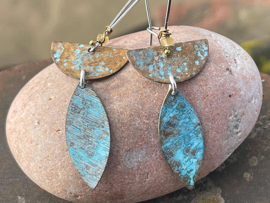 Handmade patina earrings. Rustic earrings, unusual earrings, unusual gift for her, blue earrings, boho earrings, leaf jewellery, hippy gift