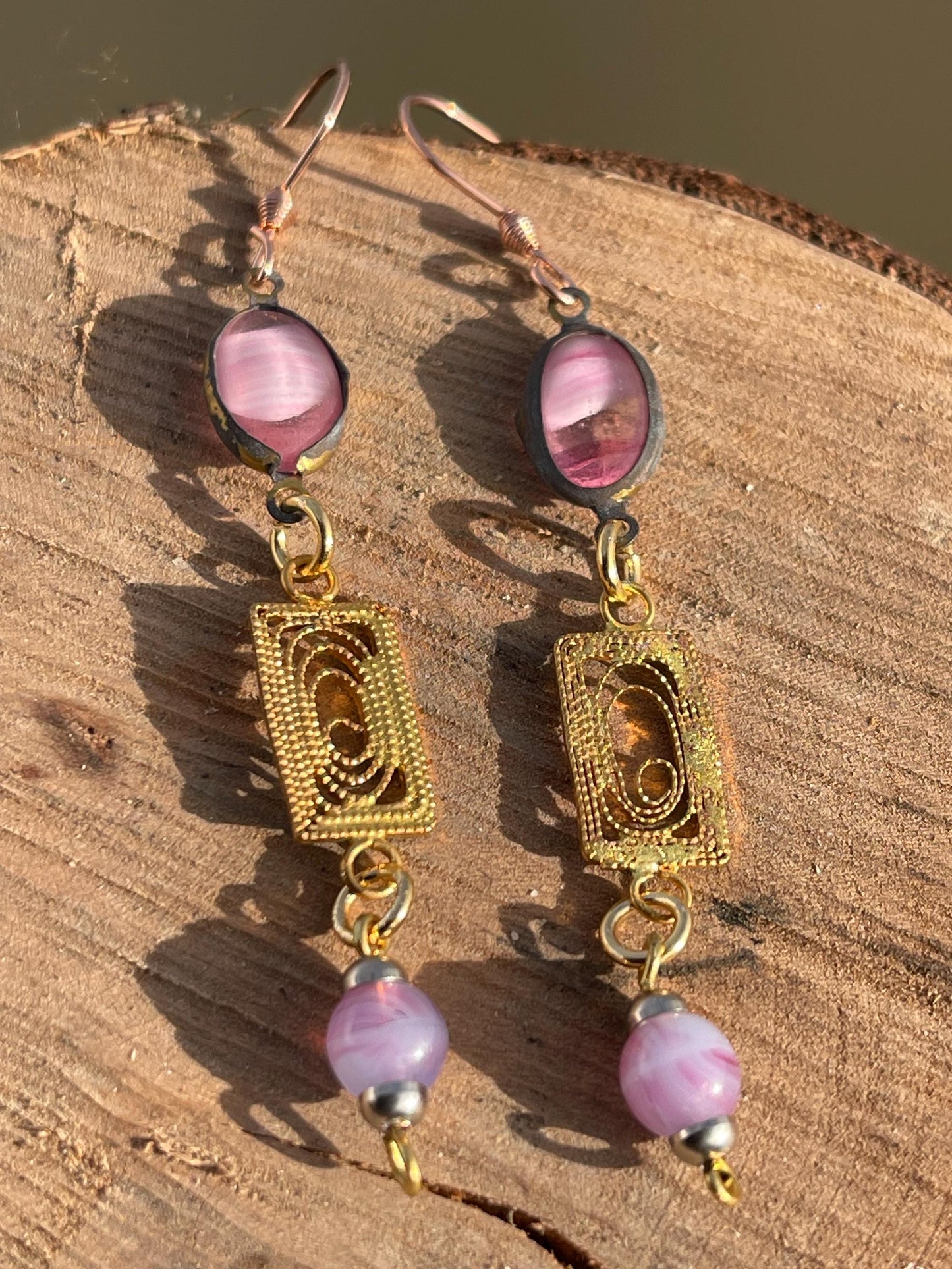 Beautiful pink & gold vintage earrings. Eco friendly jewellery made from stunning vintage beading. Eco friendly earrings. Ethical jewellery.