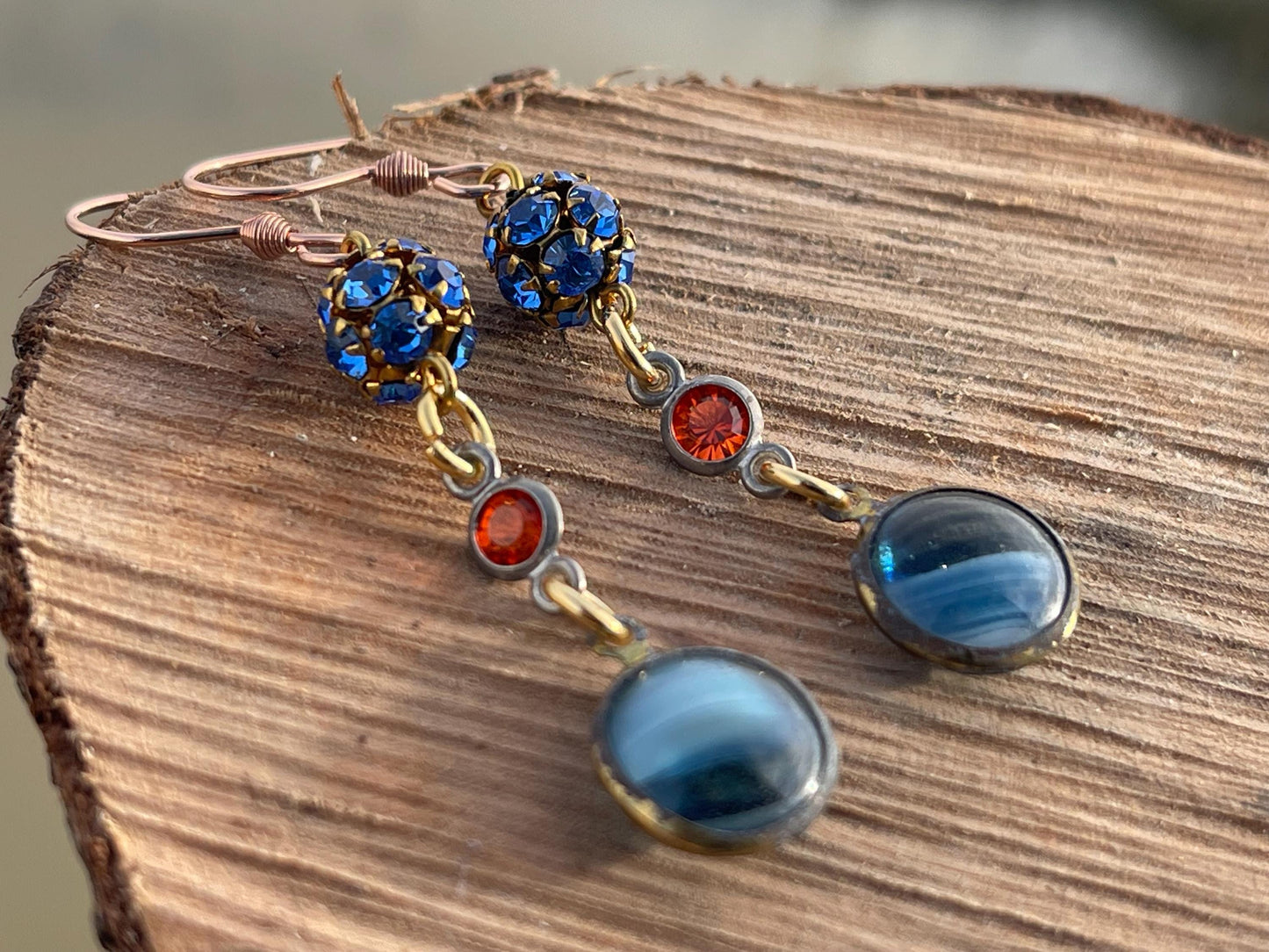 Beautiful blue & red vintage earrings. Eco friendly jewellery made from stunning vintage beading. Eco friendly earrings. Ethical jewellery.