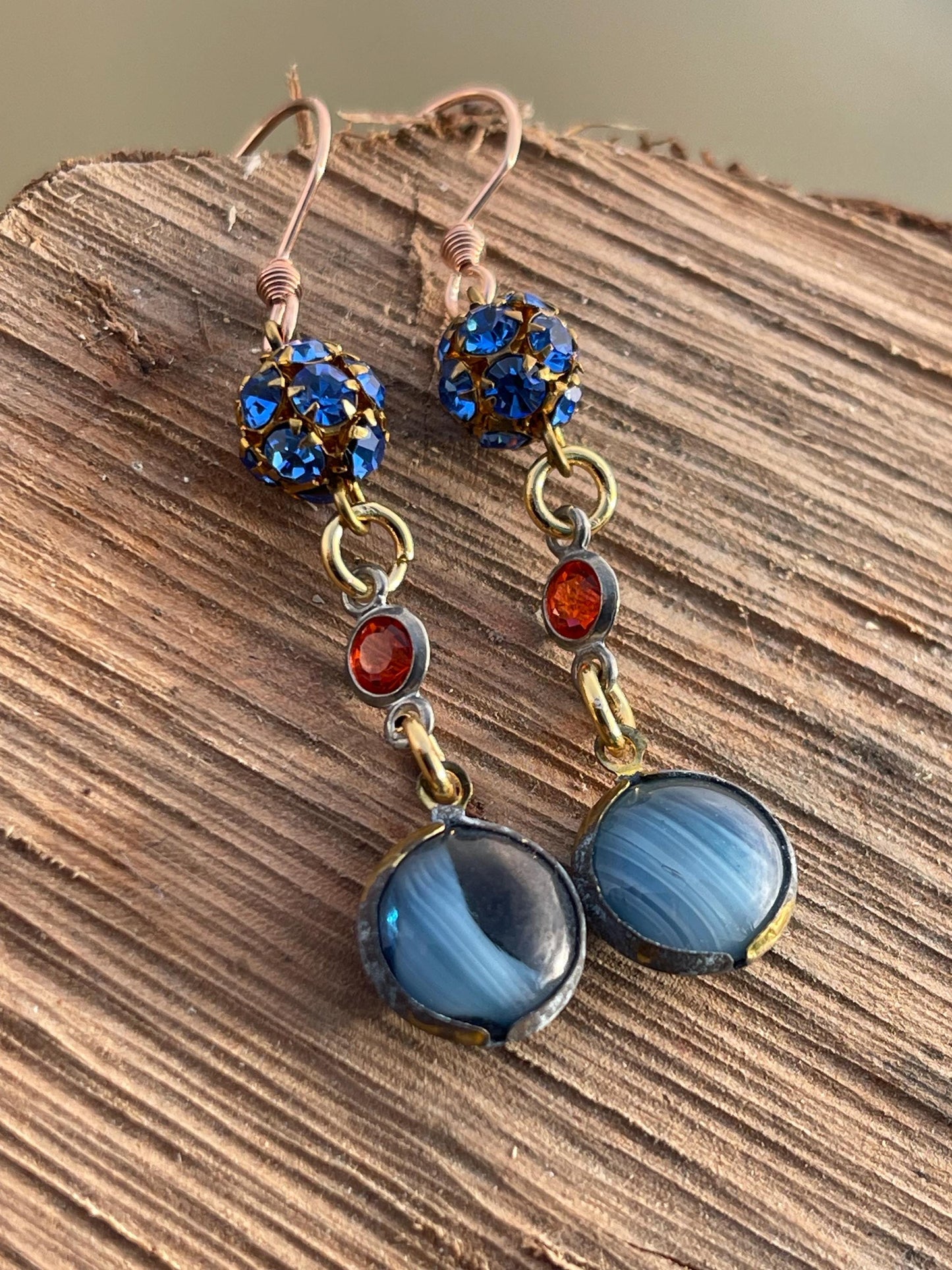 Beautiful blue & red vintage earrings. Eco friendly jewellery made from stunning vintage beading. Eco friendly earrings. Ethical jewellery.