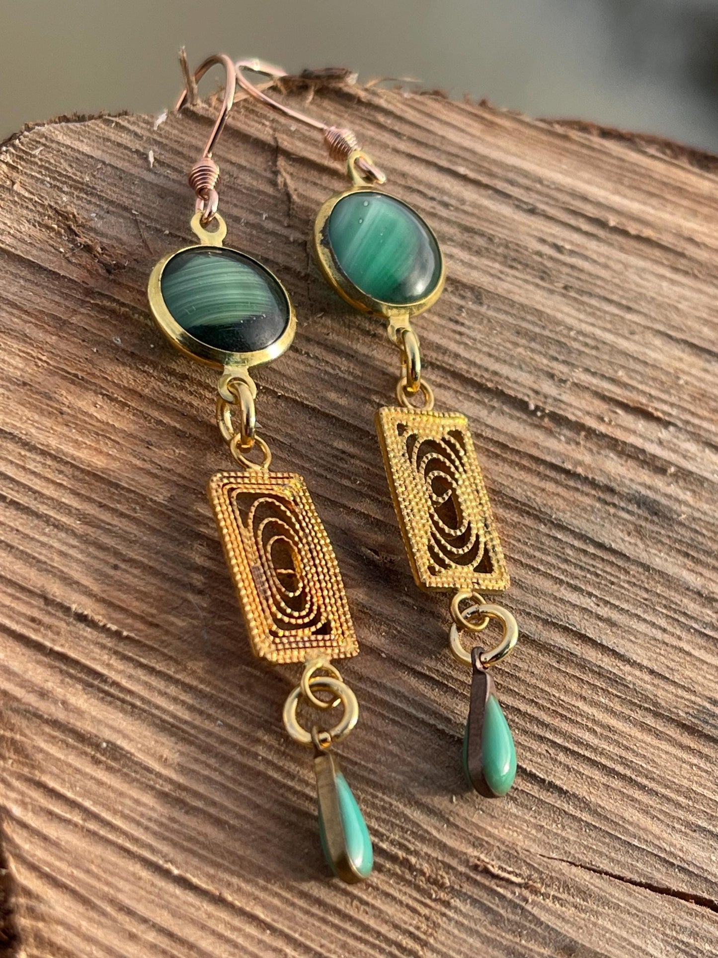 Beautiful green & gold vintage earrings. Eco friendly jewellery made from stunning vintage beading. Eco friendly earrings. Ethical jewellery