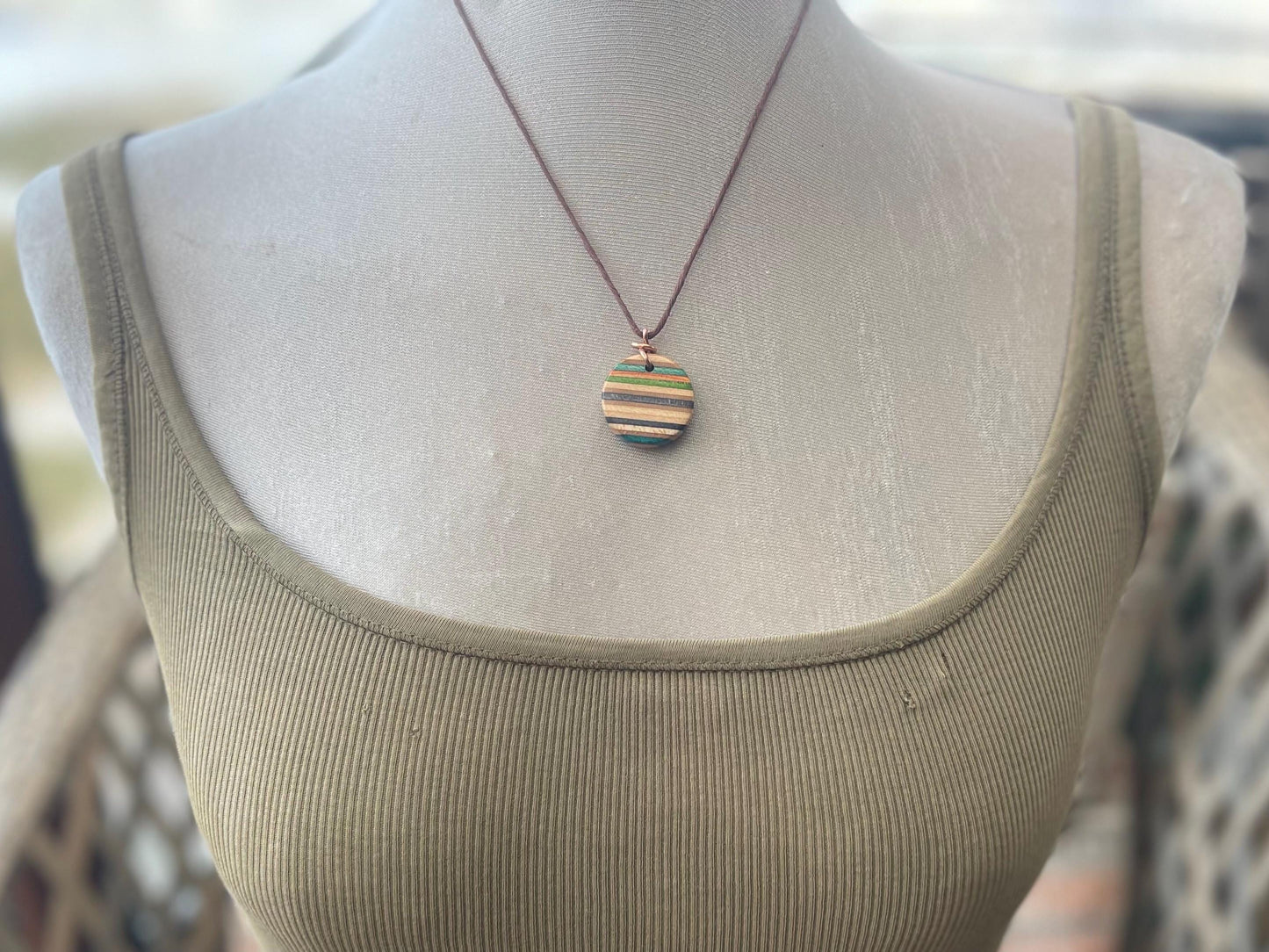 GREEN Handmade pendant made from old skateboards. Skateboard necklace. Unique gifts for men. Sustainable jewellery. Eco friendly jewellery.