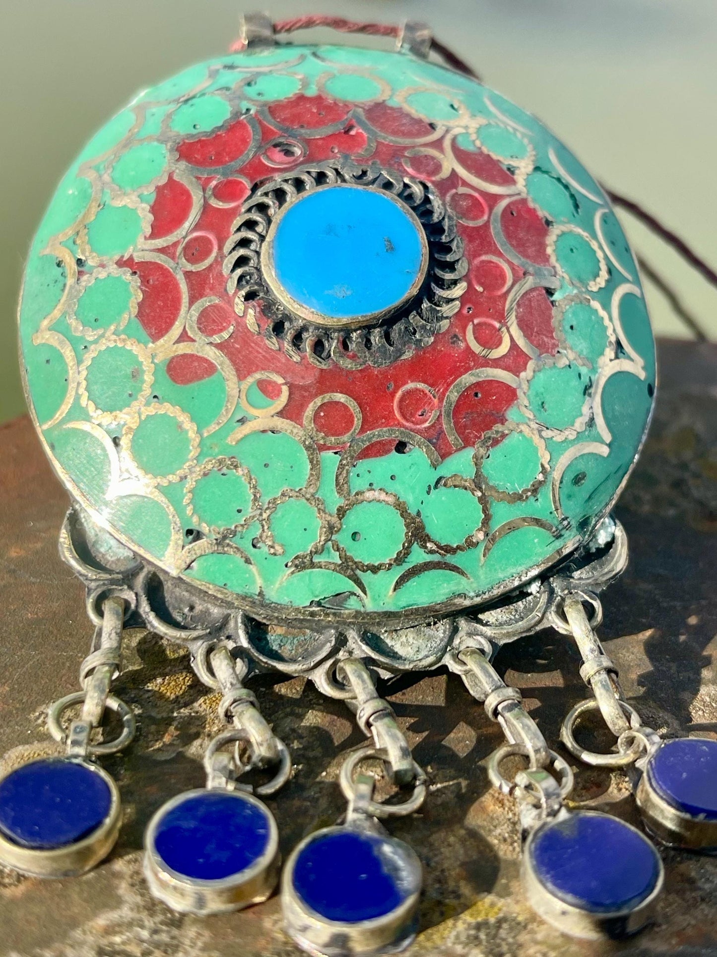 Gypsy jewellery. Very large statement necklace. Vintage jewellery, ethical jewellery, red and green pendant, boho necklace, unique necklace