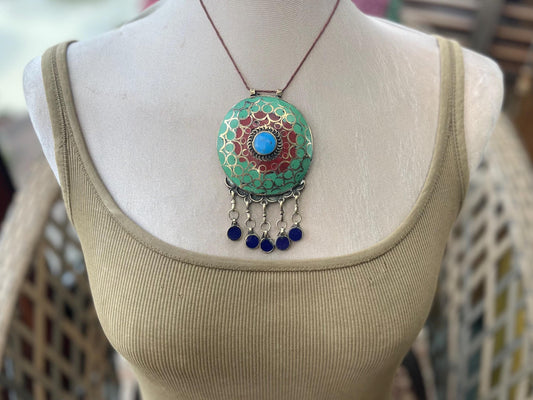 Gypsy jewellery. Very large statement necklace. Vintage jewellery, ethical jewellery, red and green pendant, boho necklace, unique necklace