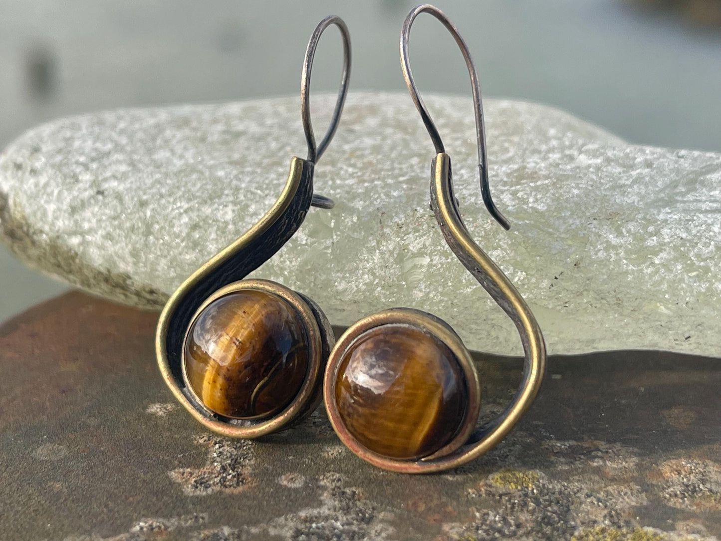 Unusual tigers eye earrings. Tigers eye jewellery. Unique earrings. Boho jewellery. Unique gift for her. Eco friendly jewellery.