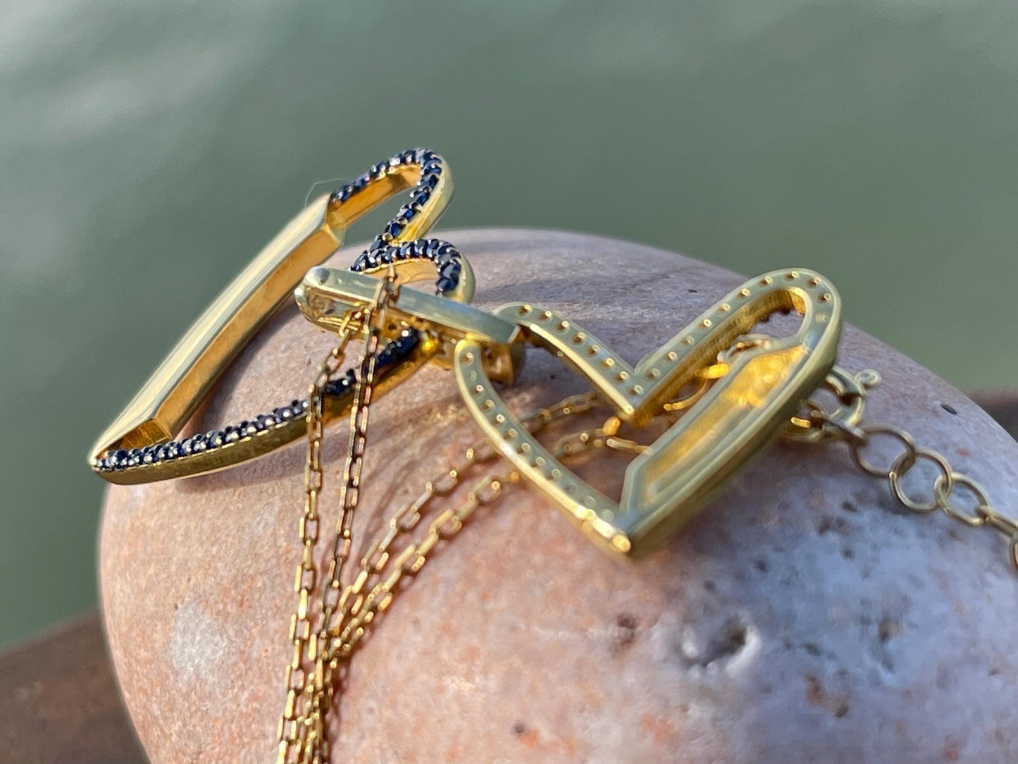 Vintage heart necklace, gold heart jewellery, blue hearts, ethical jewellery. Eco friendly jewellery. Ethical jewellery. Romantic gifts.