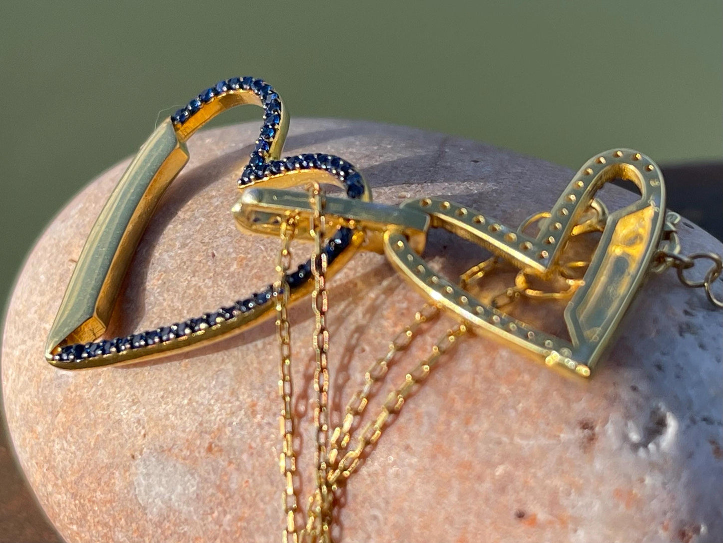 Vintage heart necklace, gold heart jewellery, blue hearts, ethical jewellery. Eco friendly jewellery. Ethical jewellery. Romantic gifts.