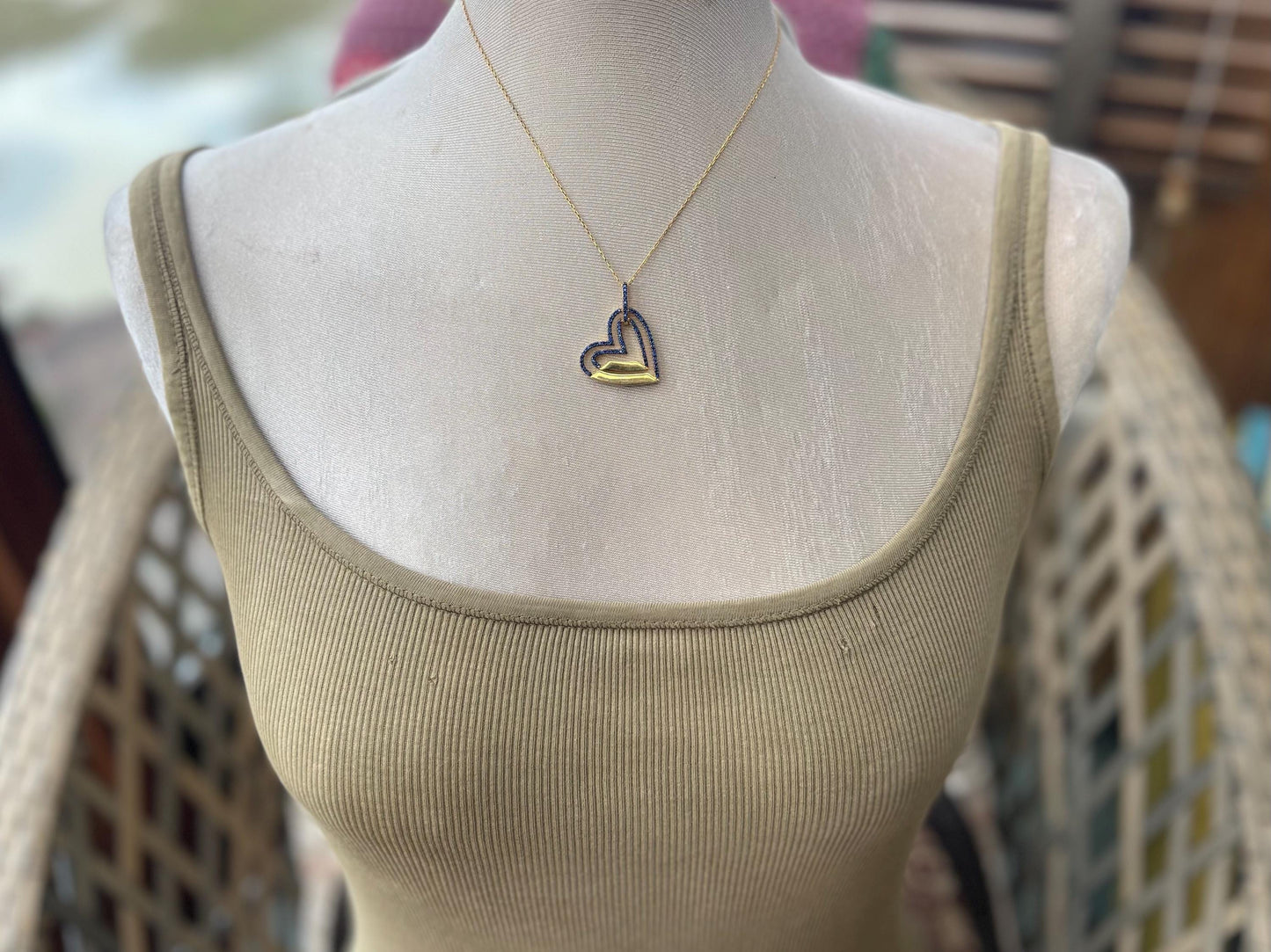 Vintage heart necklace, gold heart jewellery, blue hearts, ethical jewellery. Eco friendly jewellery. Ethical jewellery. Romantic gifts.