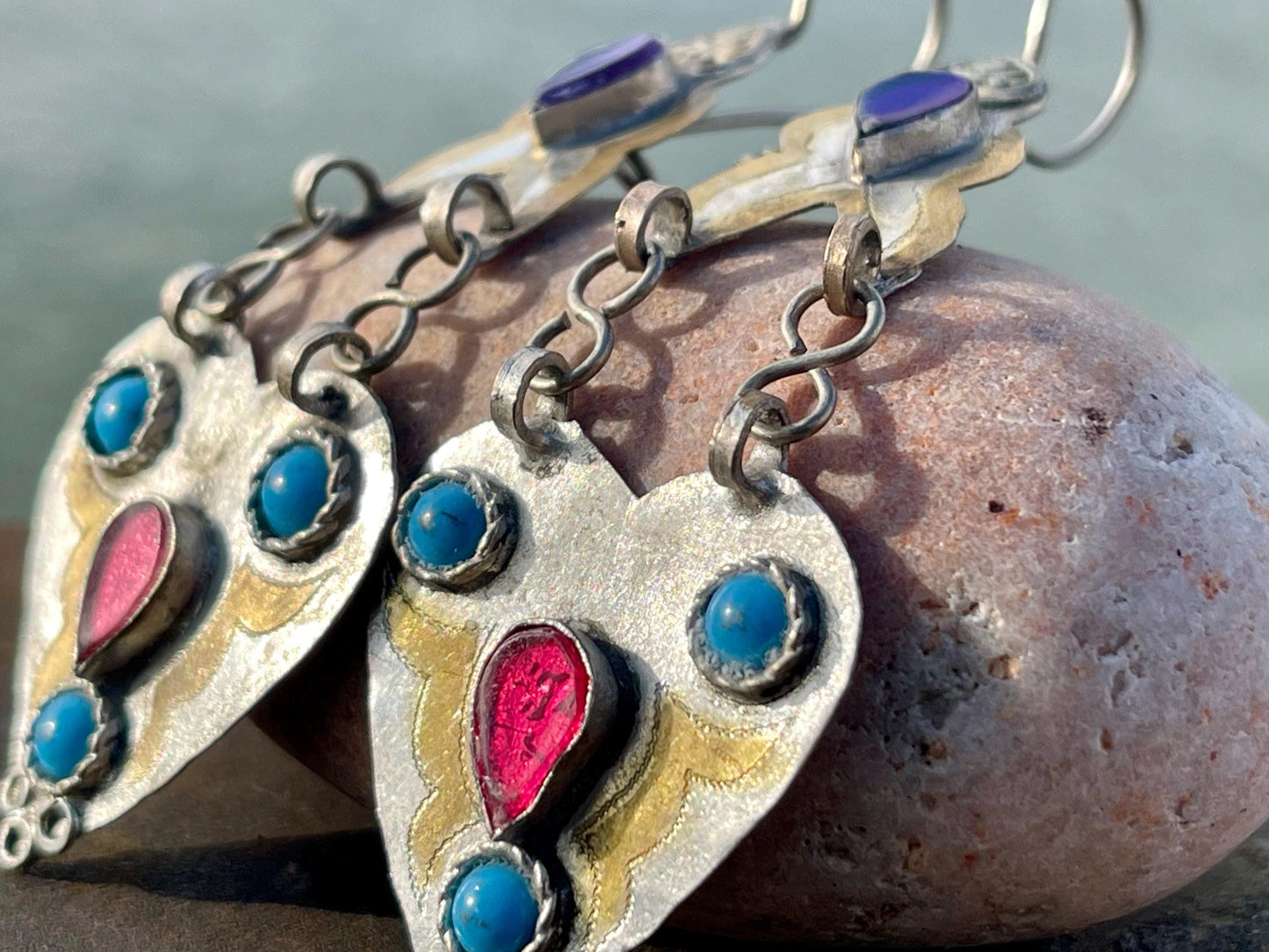 Vintage heart earrings, silver heart jewellery, blue hearts, ethical jewellery, gypsy earrings. Eco friendly jewellery. Ethical jewellery.