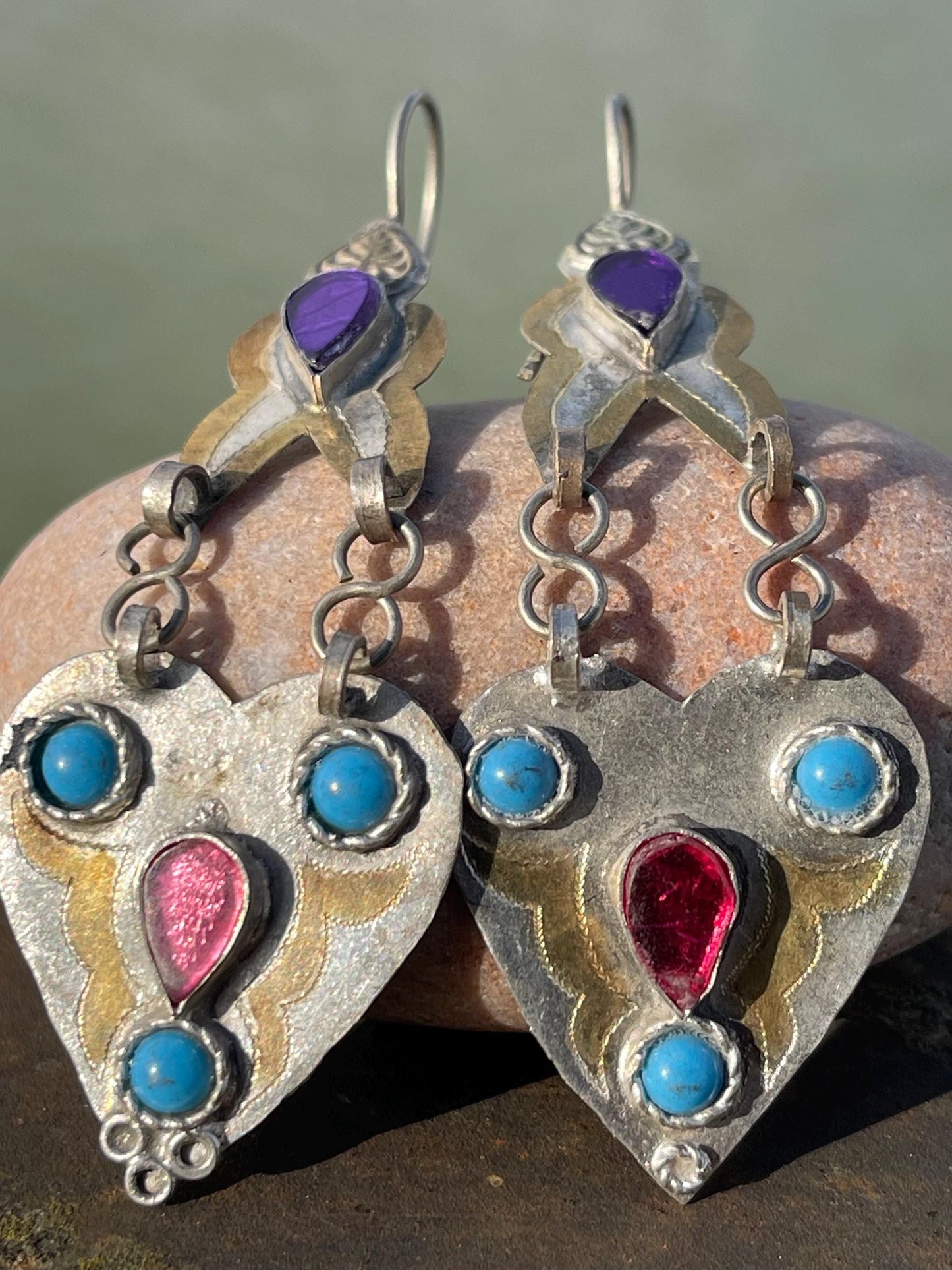 Vintage heart earrings, silver heart jewellery, blue hearts, ethical jewellery, gypsy earrings. Eco friendly jewellery. Ethical jewellery.