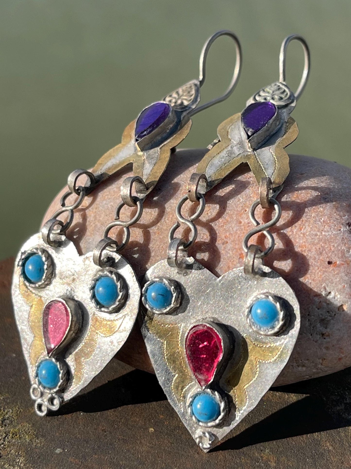 Vintage heart earrings, silver heart jewellery, blue hearts, ethical jewellery, gypsy earrings. Eco friendly jewellery. Ethical jewellery.