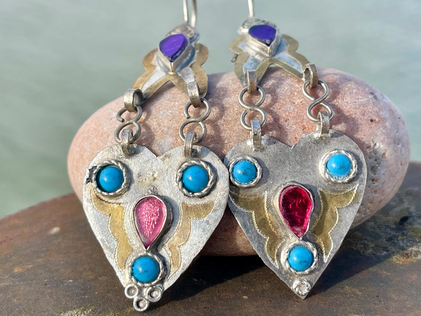 Vintage heart earrings, silver heart jewellery, blue hearts, ethical jewellery, gypsy earrings. Eco friendly jewellery. Ethical jewellery.