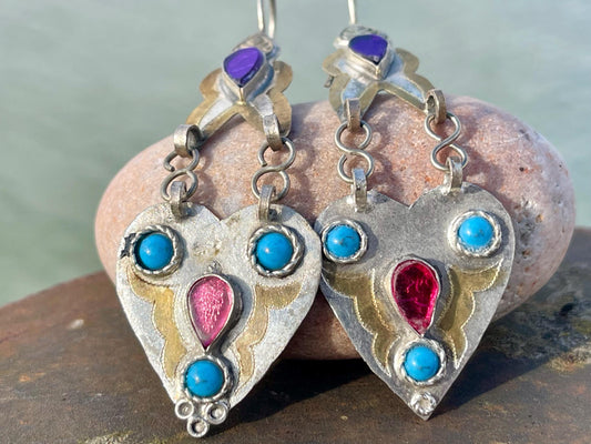 Vintage heart earrings, silver heart jewellery, blue hearts, ethical jewellery, gypsy earrings. Eco friendly jewellery. Ethical jewellery.