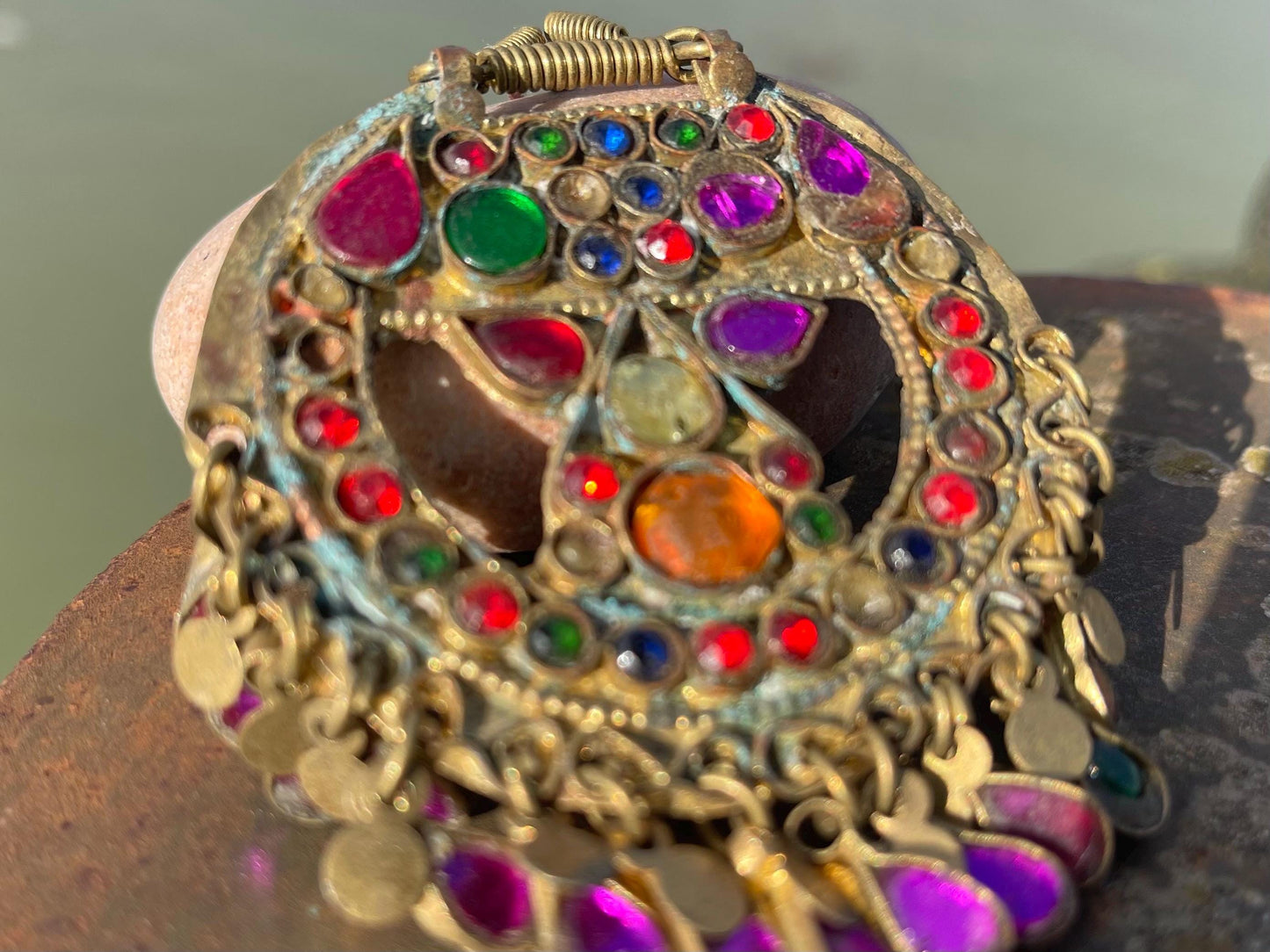 Vintage enamel and brass necklace, tribal jewellery. Unusual vintage pendants. Vintage jewellery. Unique necklaces. Unusual heart necklace