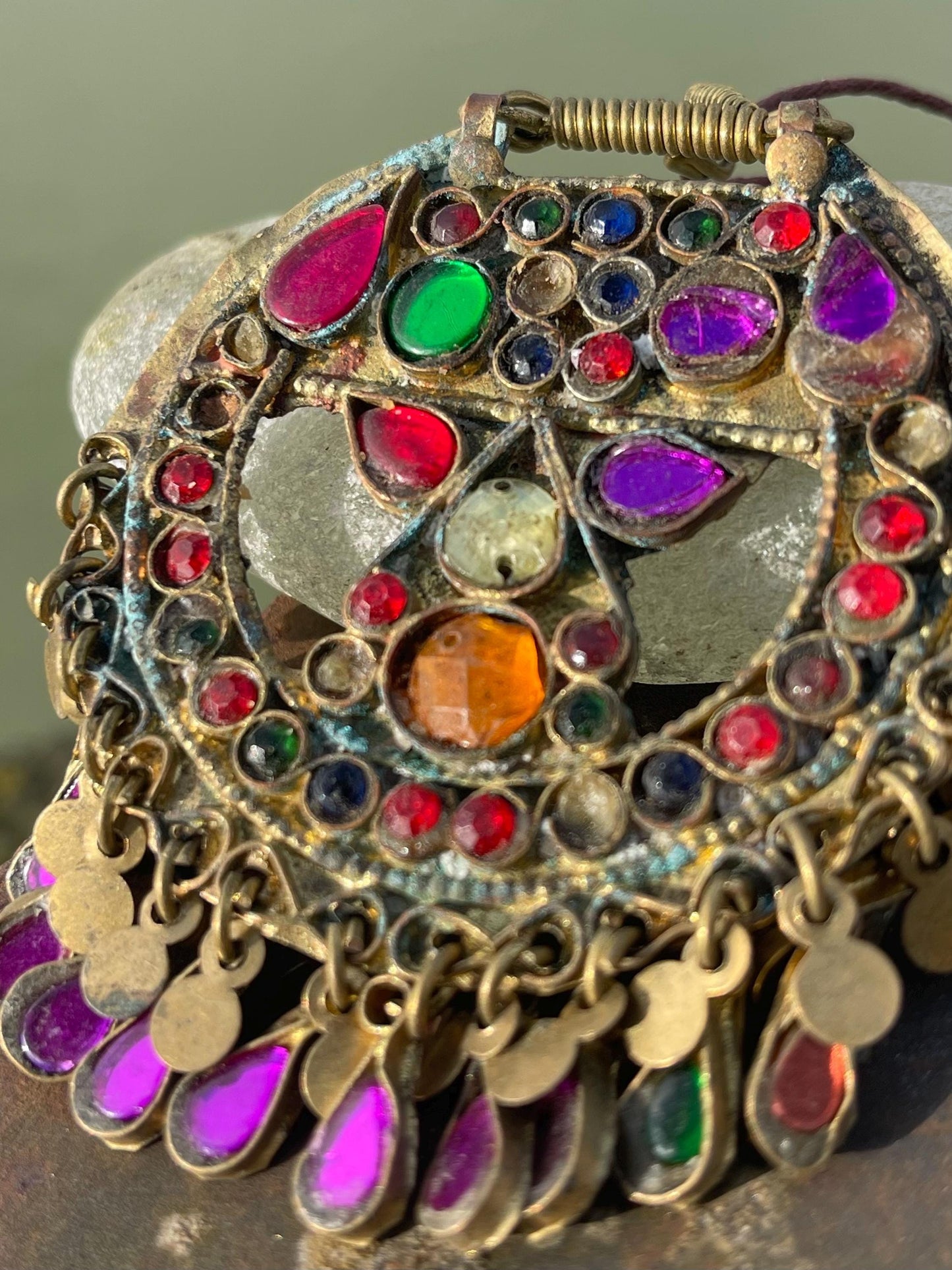 Vintage enamel and brass necklace, tribal jewellery. Unusual vintage pendants. Vintage jewellery. Unique necklaces. Unusual heart necklace