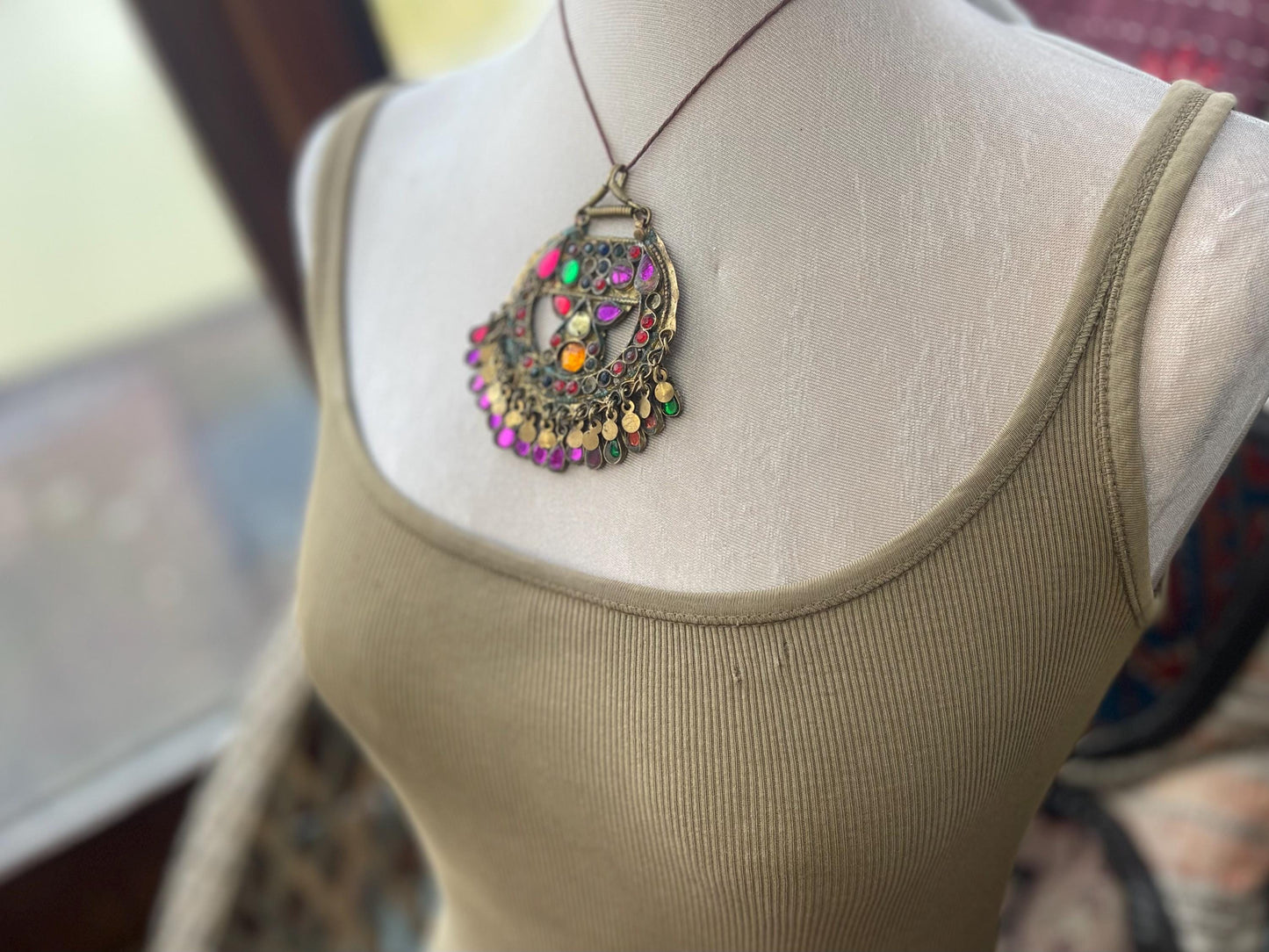 Vintage enamel and brass necklace, tribal jewellery. Unusual vintage pendants. Vintage jewellery. Unique necklaces. Unusual heart necklace