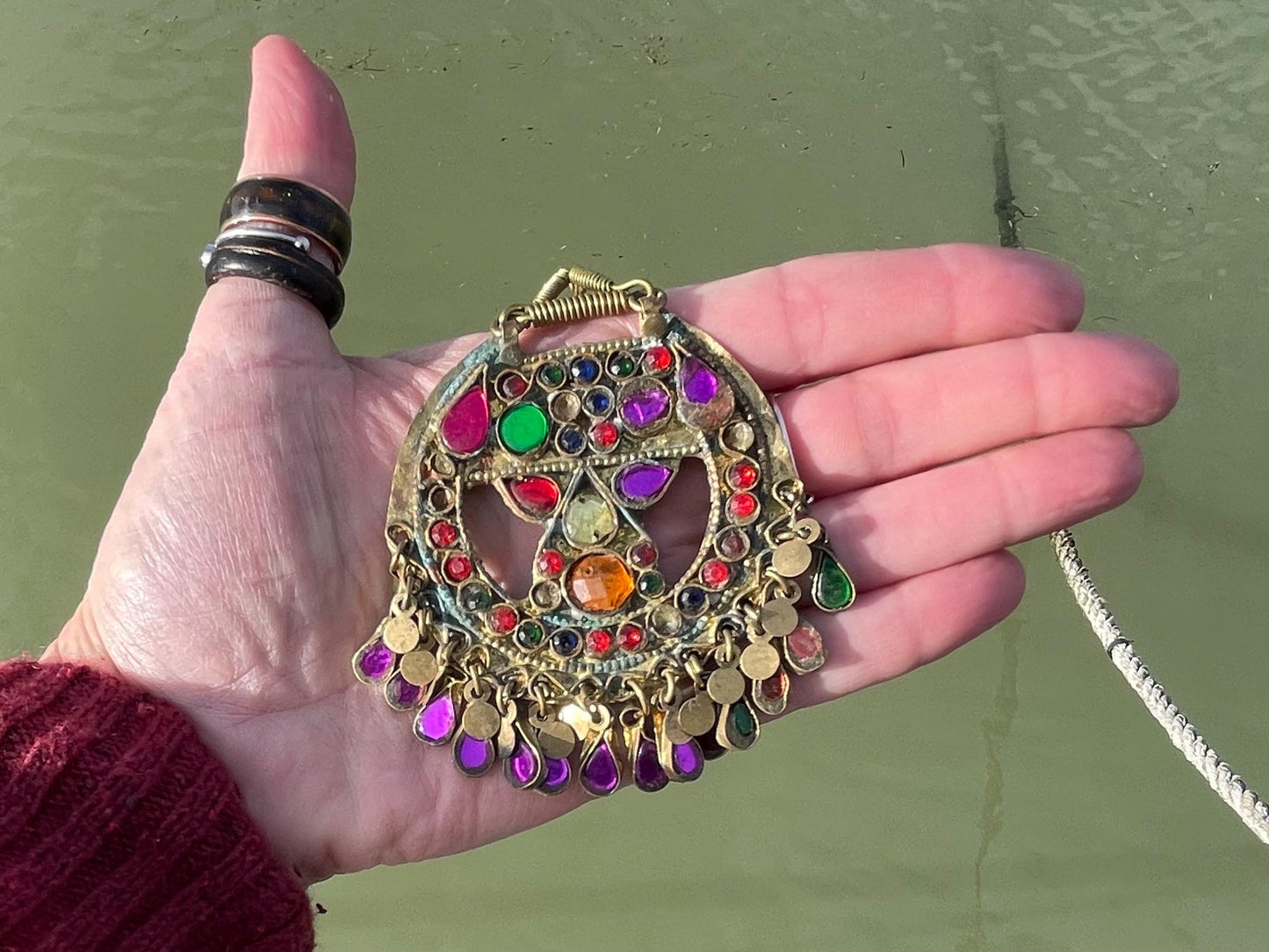 Vintage enamel and brass necklace, tribal jewellery. Unusual vintage pendants. Vintage jewellery. Unique necklaces. Unusual heart necklace