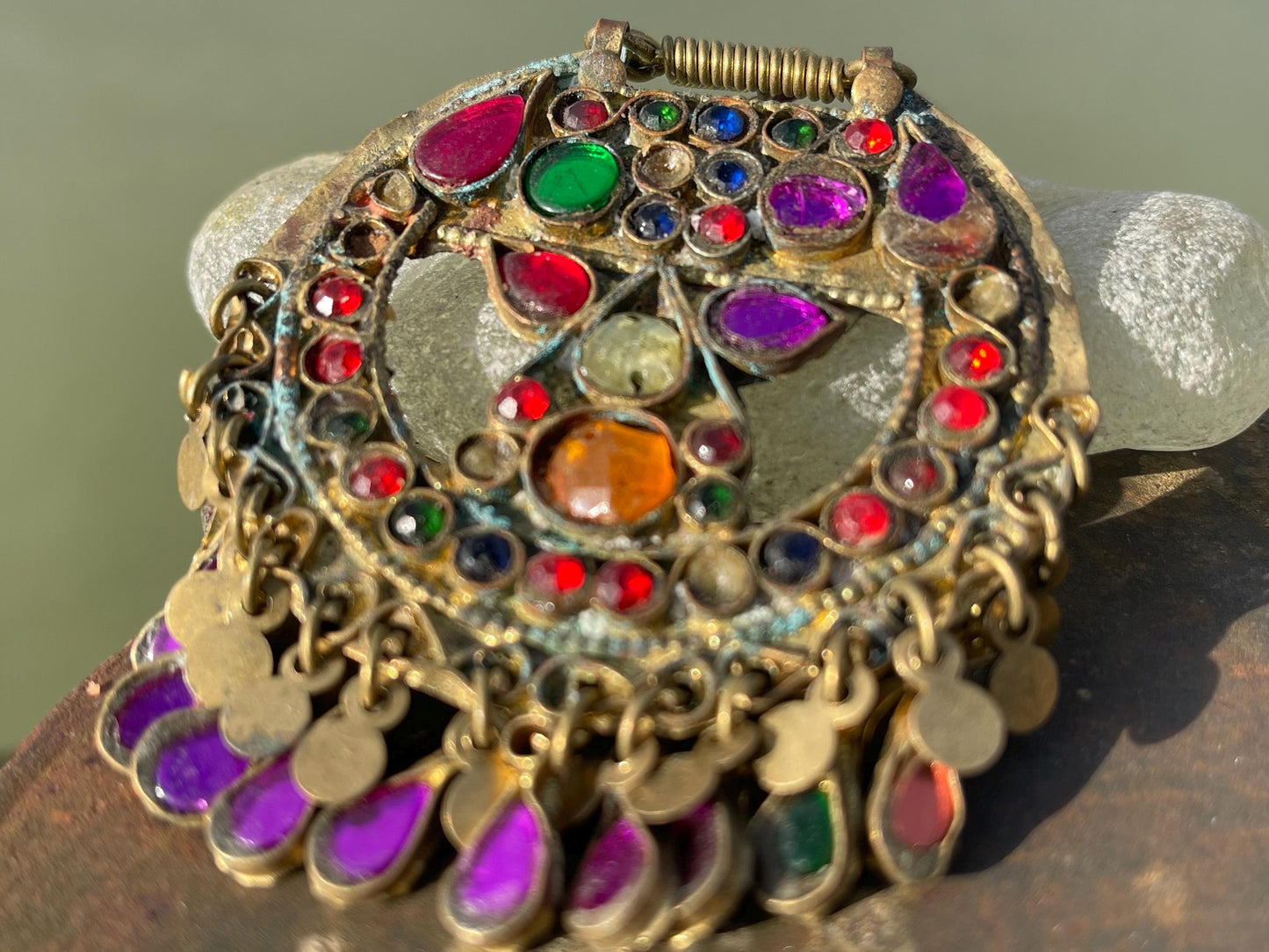 Vintage enamel and brass necklace, tribal jewellery. Unusual vintage pendants. Vintage jewellery. Unique necklaces. Unusual heart necklace