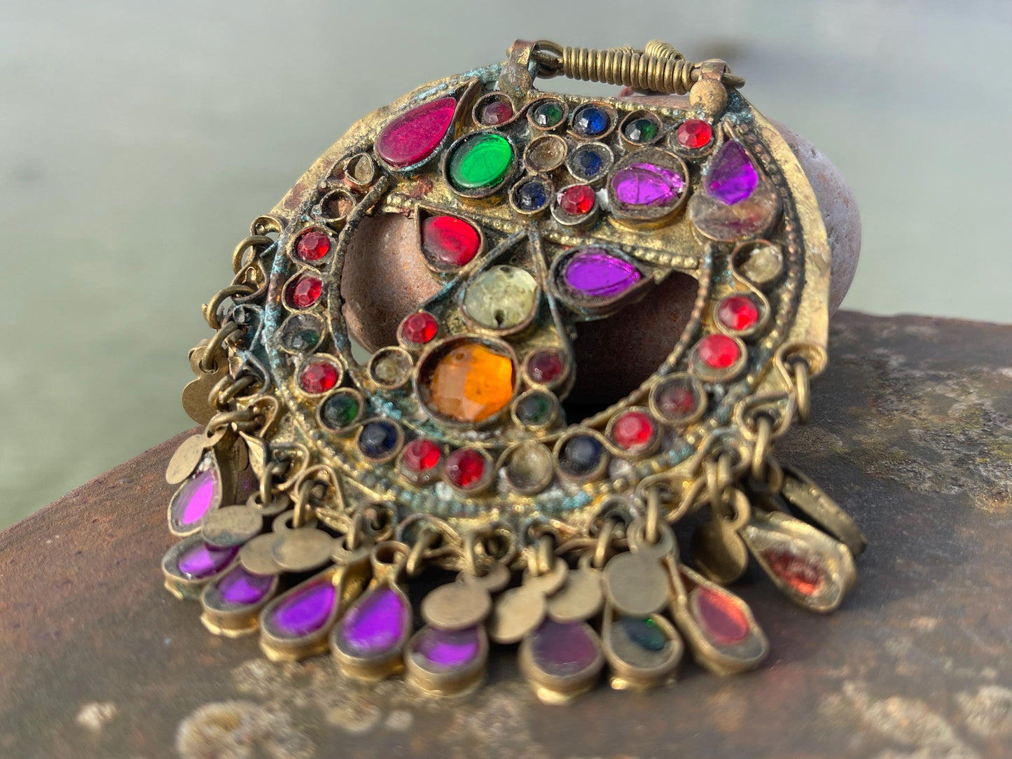 Vintage enamel and brass necklace, tribal jewellery. Unusual vintage pendants. Vintage jewellery. Unique necklaces. Unusual heart necklace