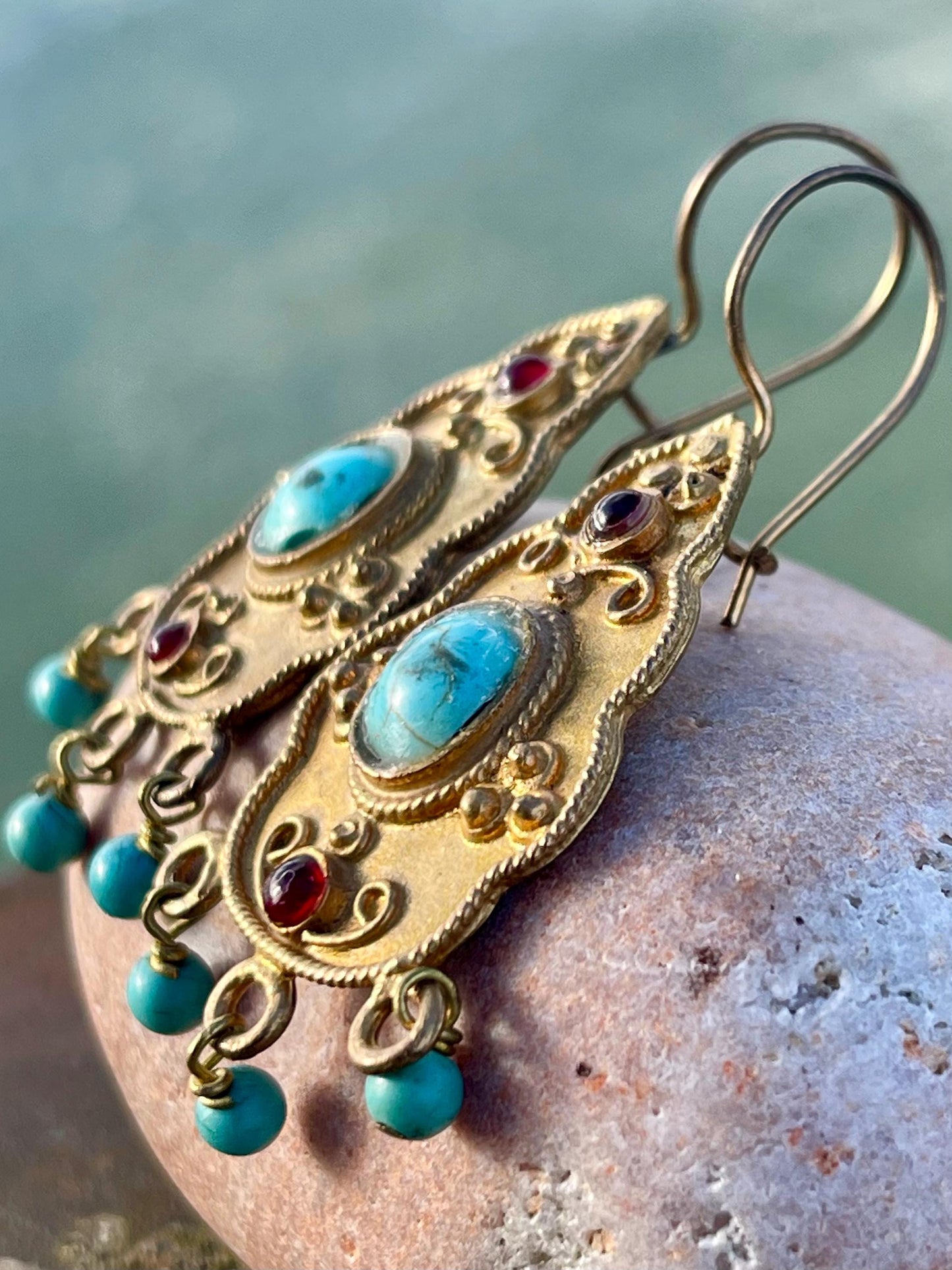 Unusual vintage jewellery, gold vintage earrings, blue jewellery, ethical jewellery, gypsy earrings, romantic gifts, eco friendly jewellery