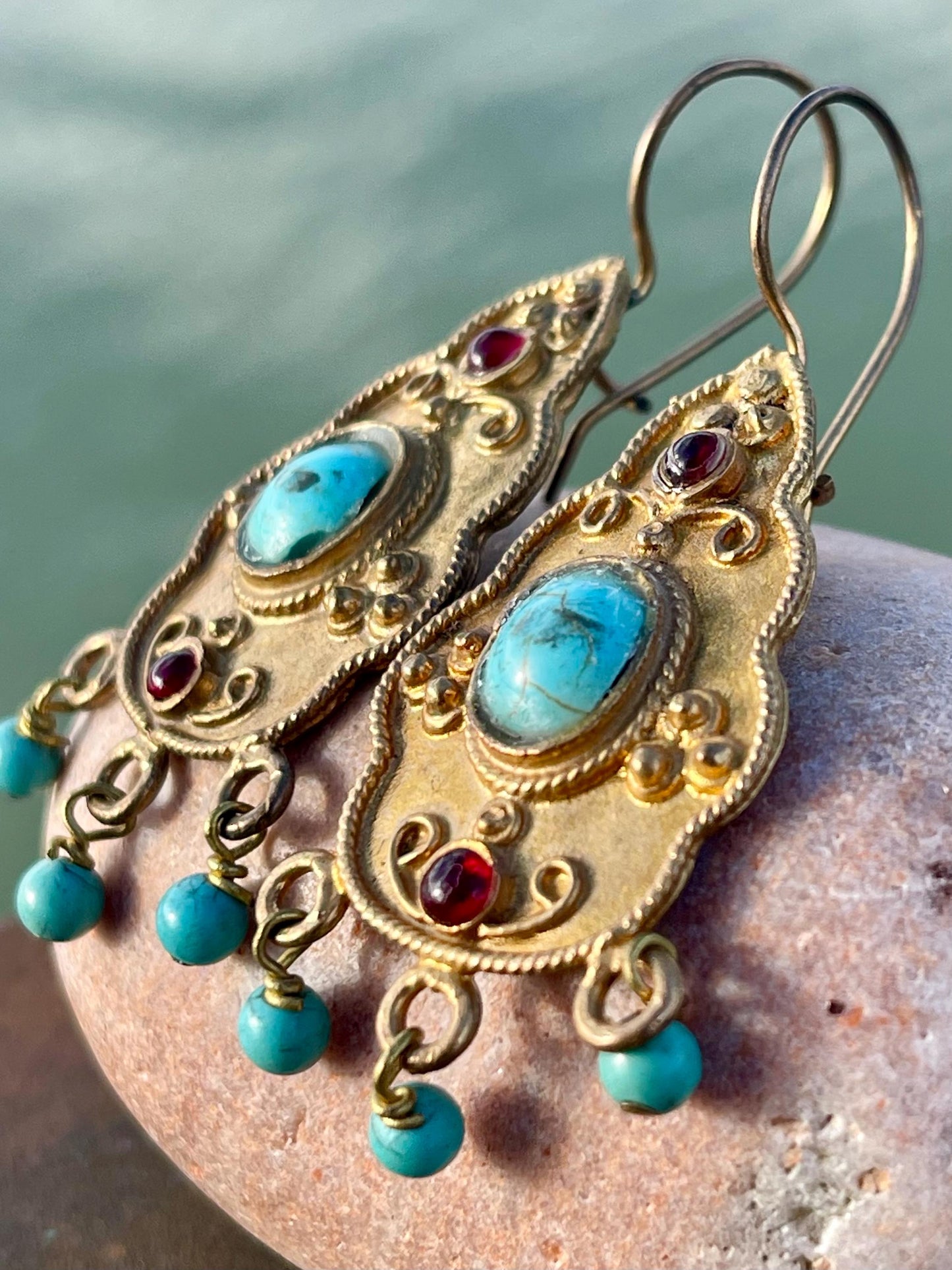 Unusual vintage jewellery, gold vintage earrings, blue jewellery, ethical jewellery, gypsy earrings, romantic gifts, eco friendly jewellery