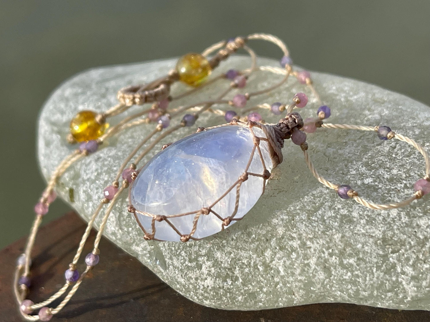 Stunning rainbow moonstone necklace, moonstone pendant, rainbow gemstone, Handmade gemstone necklace, boho gift for her. Macrame jewellery.