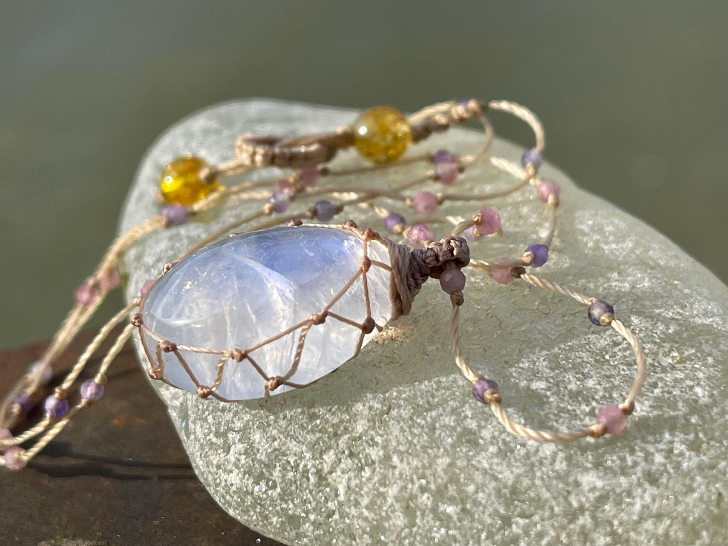 Stunning rainbow moonstone necklace, moonstone pendant, rainbow gemstone, Handmade gemstone necklace, boho gift for her. Macrame jewellery.
