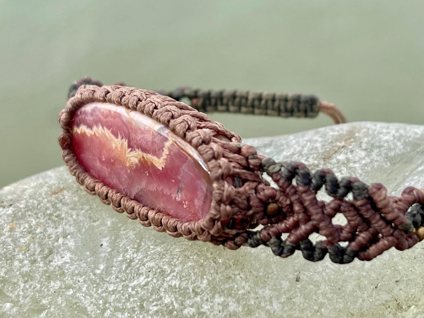 Stunning Rhodochrosite bracelet, ethical jewellery, unusual jewellery, rhodochrosite jewellery. Pink macrame bracelet. Boho jewellery.