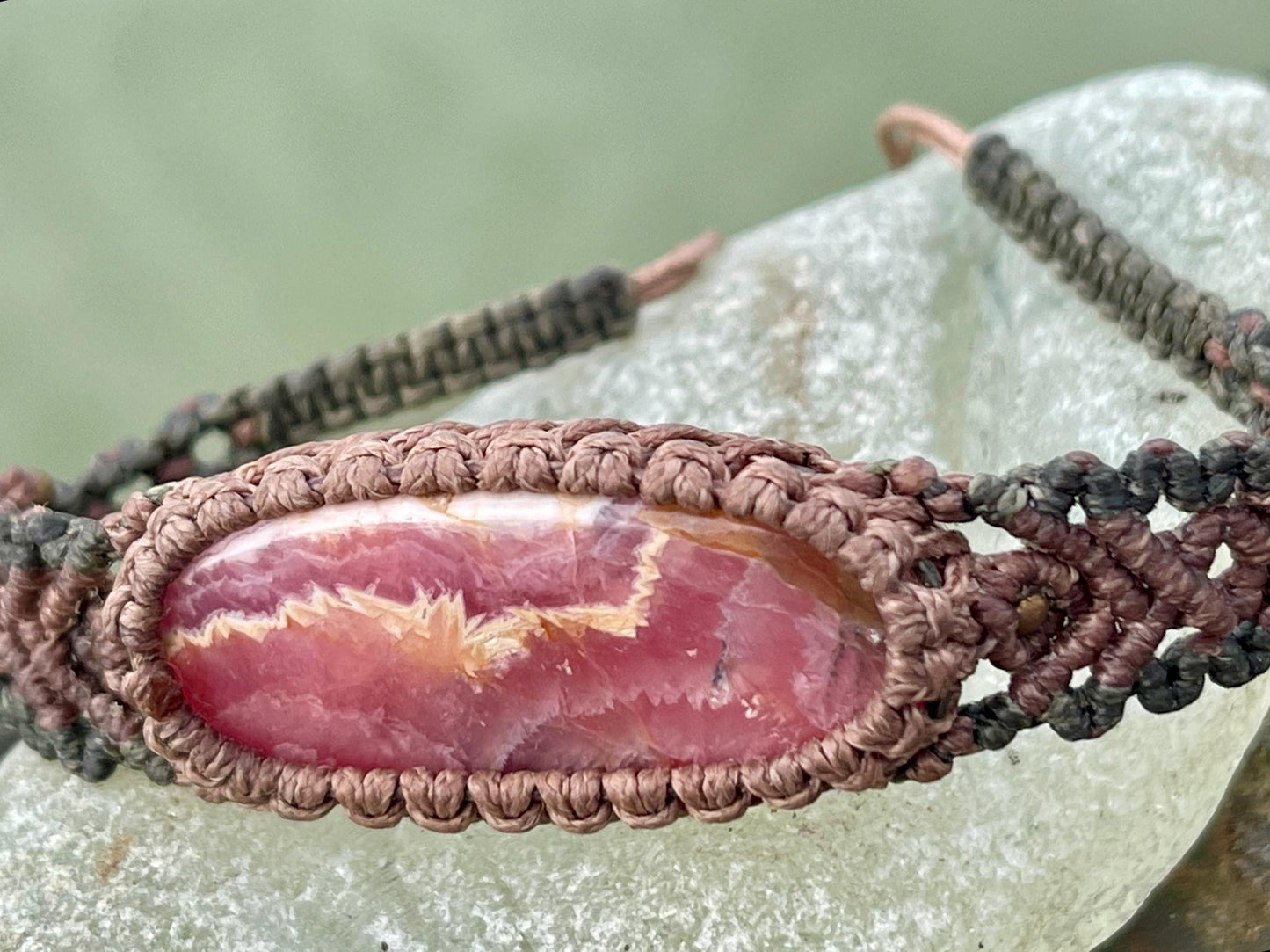 Stunning Rhodochrosite bracelet, ethical jewellery, unusual jewellery, rhodochrosite jewellery. Pink macrame bracelet. Boho jewellery.