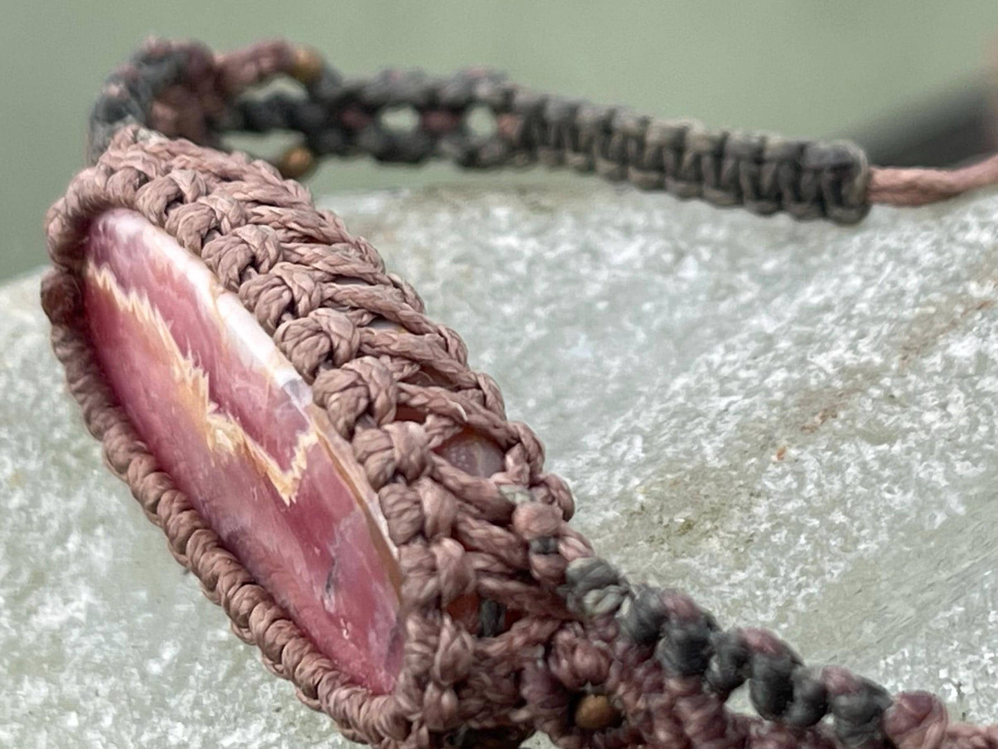 Stunning Rhodochrosite bracelet, ethical jewellery, unusual jewellery, rhodochrosite jewellery. Pink macrame bracelet. Boho jewellery.