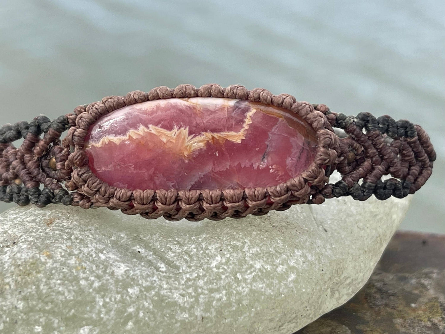 Stunning Rhodochrosite bracelet, ethical jewellery, unusual jewellery, rhodochrosite jewellery. Pink macrame bracelet. Boho jewellery.