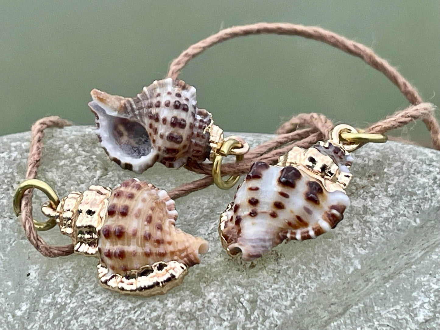 Pretty little painted gold shell necklace held on recycled brass and sustainable hemp. Shell jewellery. Boho jewellery. Eco friendly gifts.