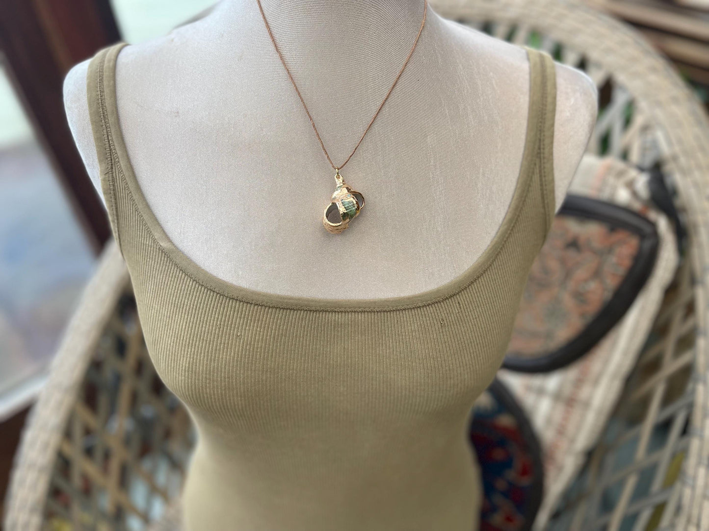 Large painted gold shell necklace held on recycled brass and sustainable hemp. Shell jewellery. Boho jewellery. Eco friendly gifts.