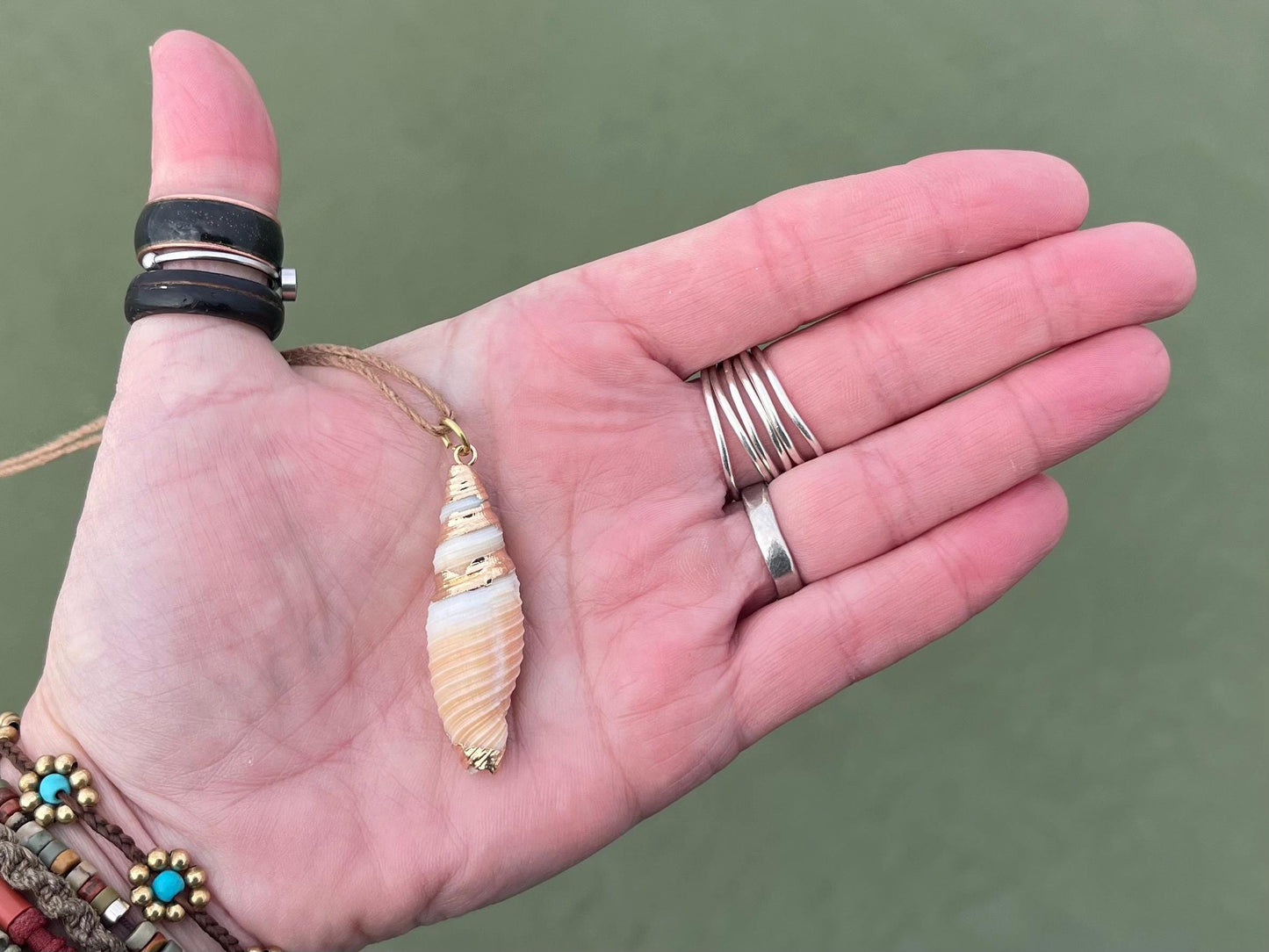 Pretty large painted gold shell necklace held on recycled brass and sustainable hemp. Shell jewellery. Boho jewellery. Eco friendly gifts.