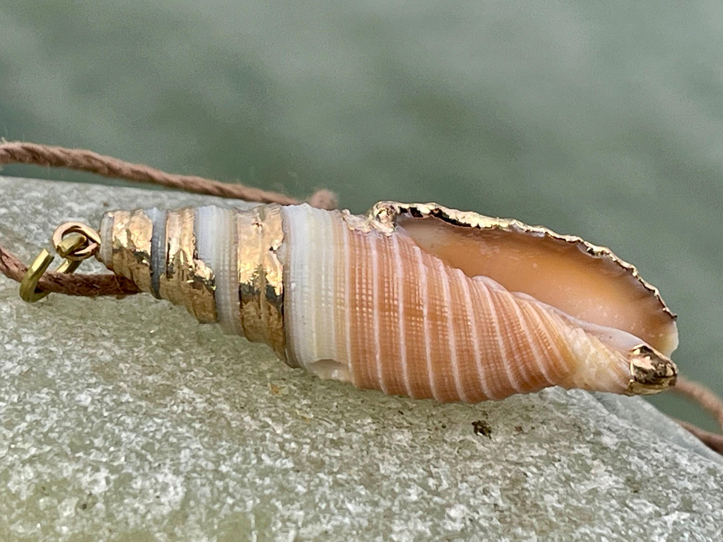 Pretty large painted gold shell necklace held on recycled brass and sustainable hemp. Shell jewellery. Boho jewellery. Eco friendly gifts.