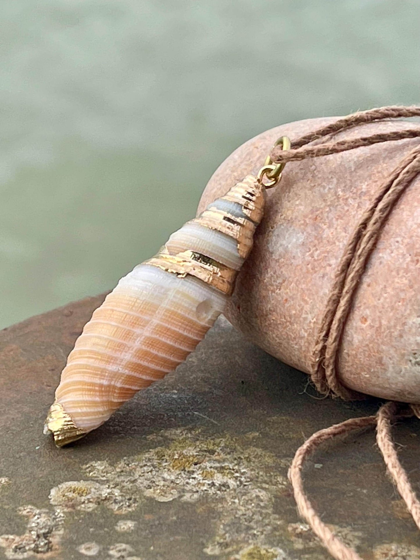 Pretty large painted gold shell necklace held on recycled brass and sustainable hemp. Shell jewellery. Boho jewellery. Eco friendly gifts.