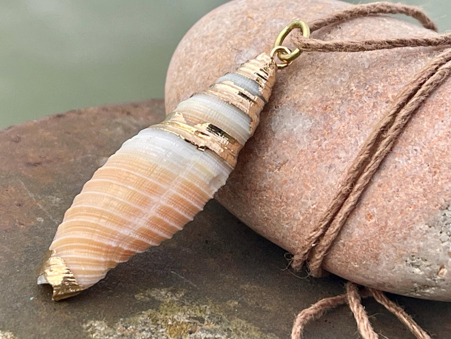 Pretty large painted gold shell necklace held on recycled brass and sustainable hemp. Shell jewellery. Boho jewellery. Eco friendly gifts.