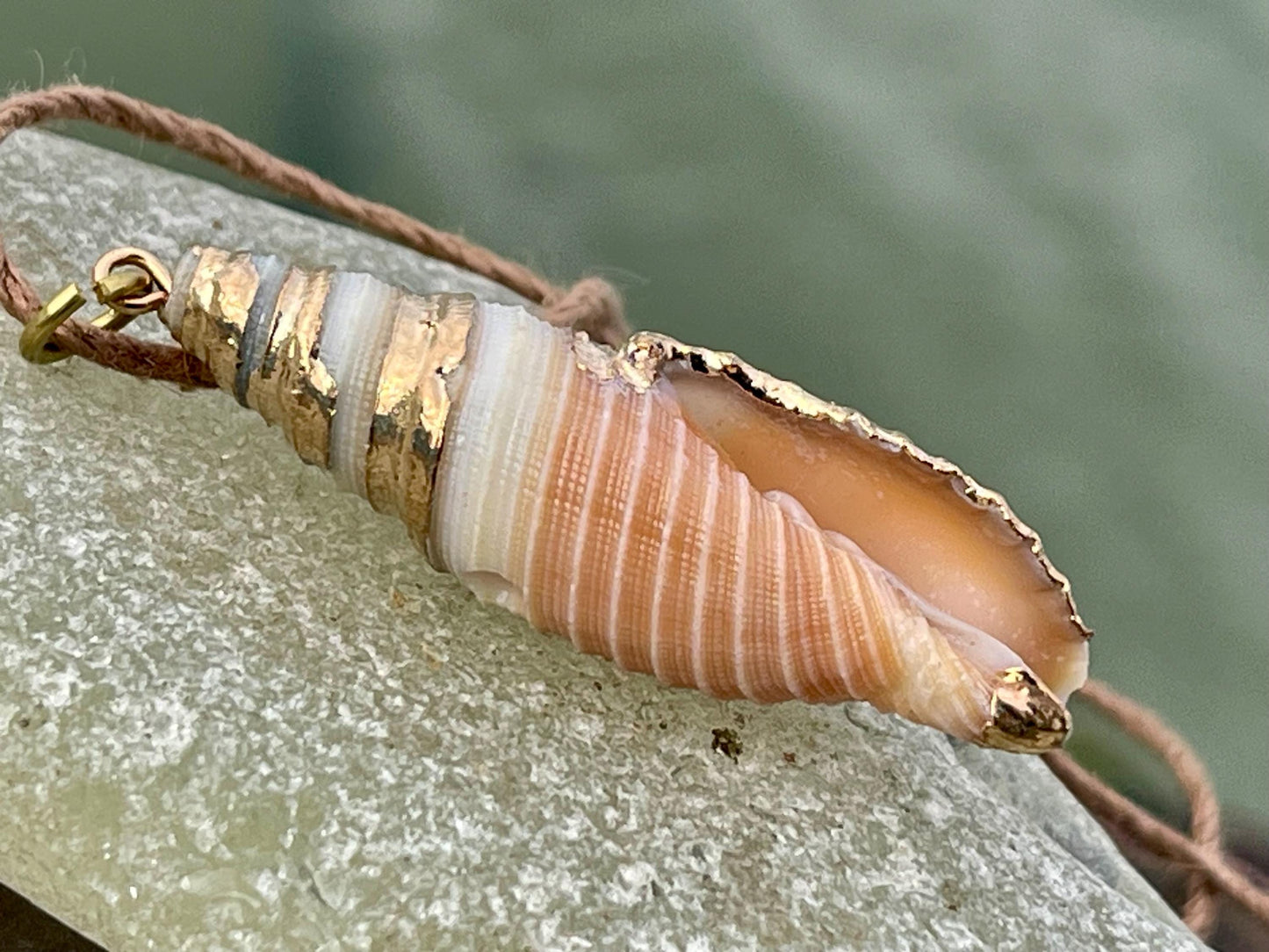 Pretty large painted gold shell necklace held on recycled brass and sustainable hemp. Shell jewellery. Boho jewellery. Eco friendly gifts.