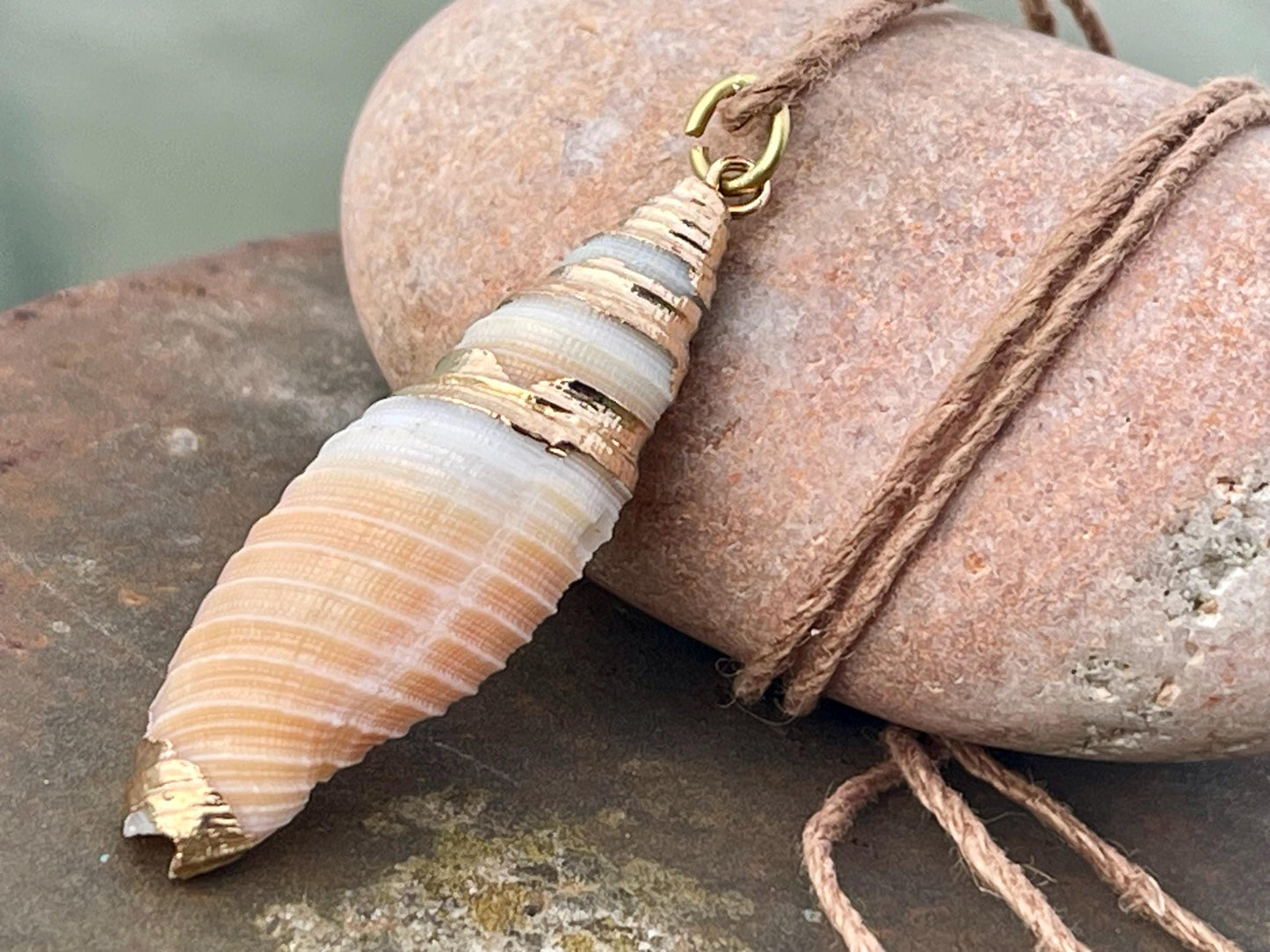 Pretty large painted gold shell necklace held on recycled brass and sustainable hemp. Shell jewellery. Boho jewellery. Eco friendly gifts.