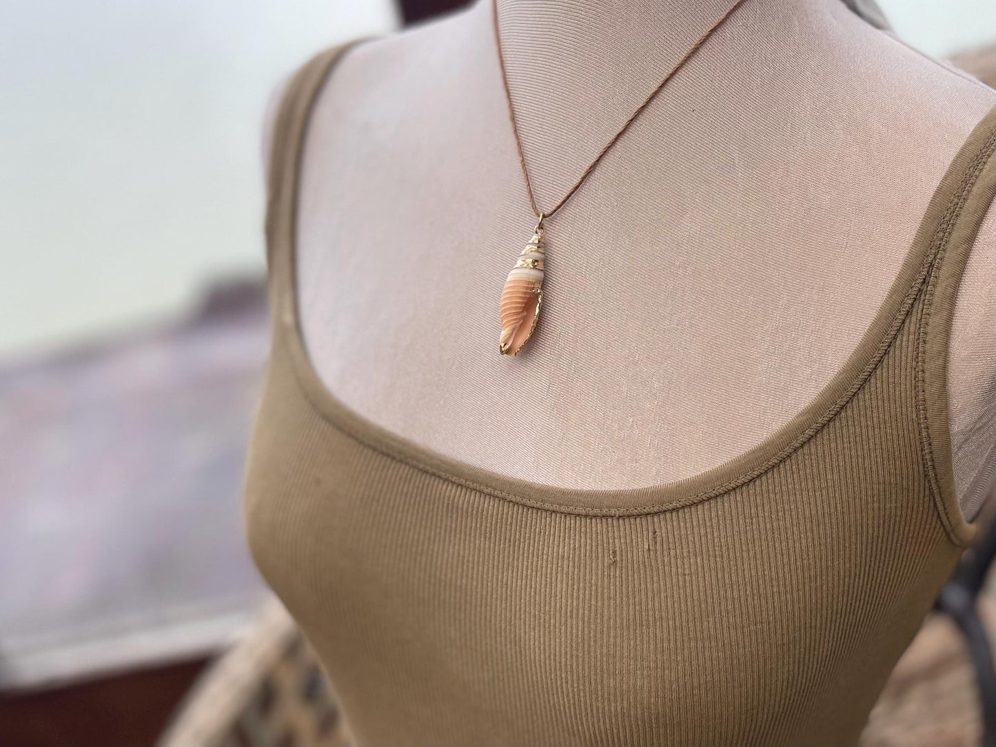 Pretty large painted gold shell necklace held on recycled brass and sustainable hemp. Shell jewellery. Boho jewellery. Eco friendly gifts.