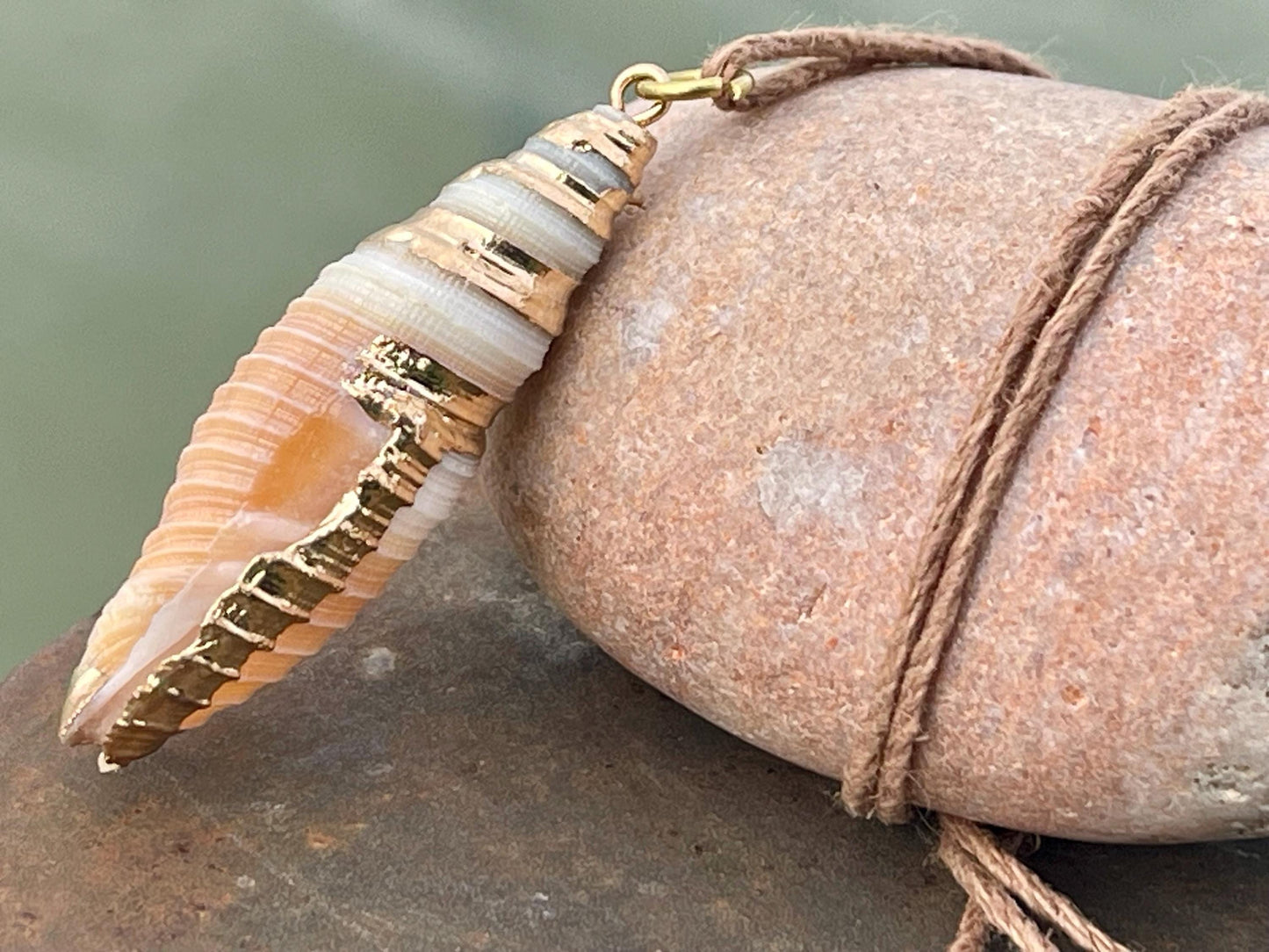 Pretty large painted gold shell necklace held on recycled brass and sustainable hemp. Shell jewellery. Boho jewellery. Eco friendly gifts.
