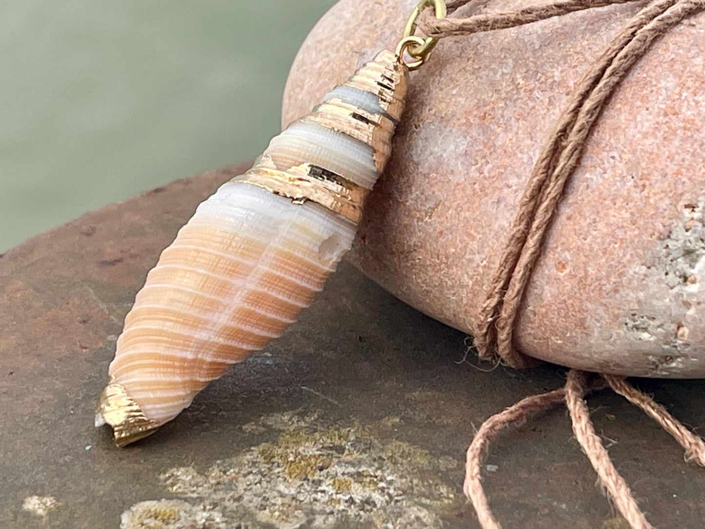 Pretty large painted gold shell necklace held on recycled brass and sustainable hemp. Shell jewellery. Boho jewellery. Eco friendly gifts.