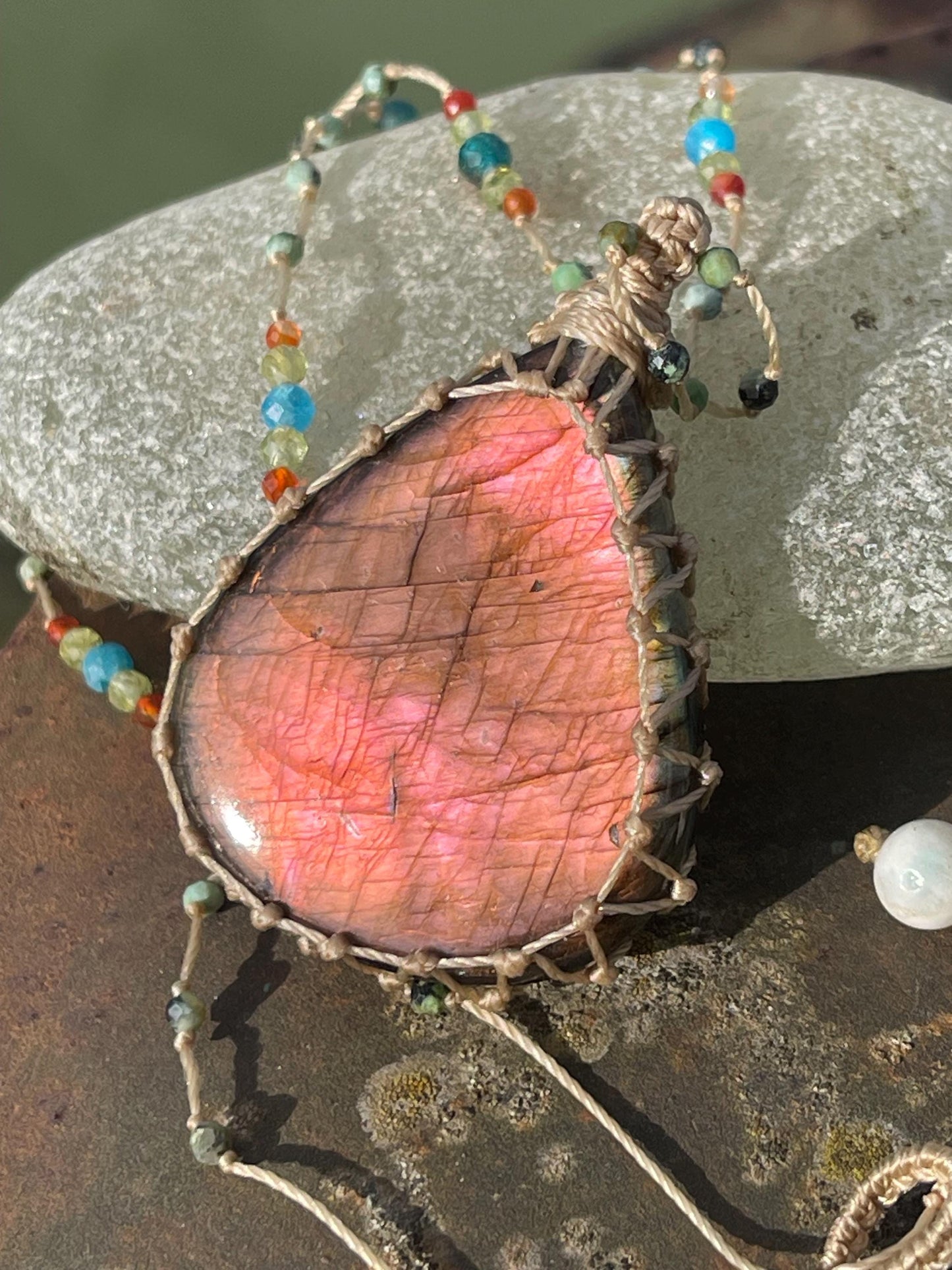 Stunning pink labradorite necklace, ethical jewellery, boho necklace, boho jewellery, labradorite pendant, gemstone necklace. Boho jewellery