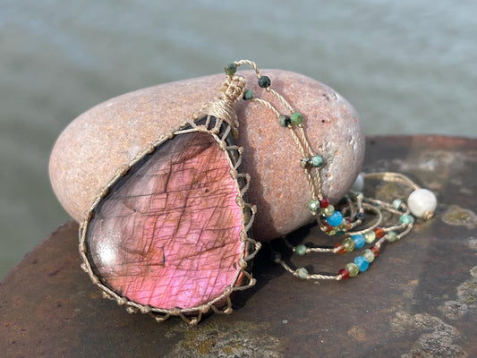 Stunning pink labradorite necklace, ethical jewellery, boho necklace, boho jewellery, labradorite pendant, gemstone necklace. Boho jewellery