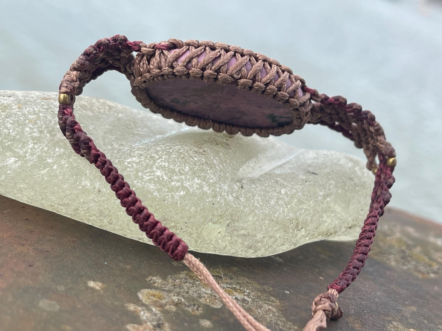 Stunning Cobaltoan Calcite bracelet, ethical jewellery, unusual jewellery, rhodochrosite jewellery. Pink macrame bracelet. Boho jewellery.