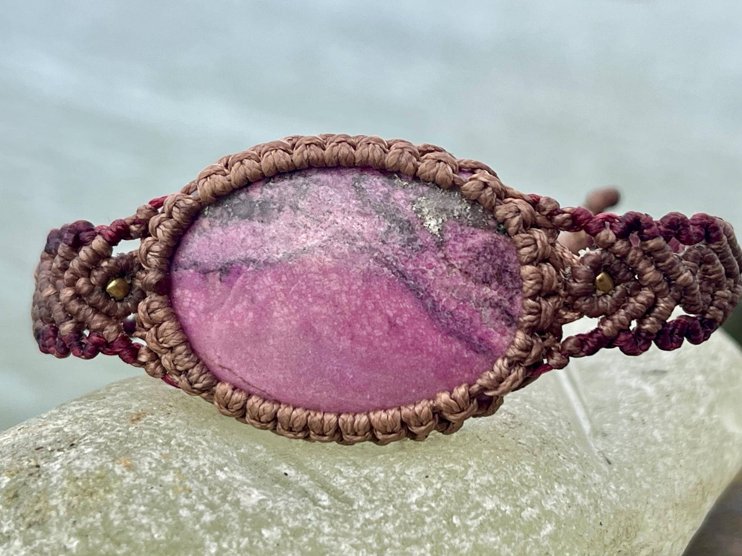 Stunning Cobaltoan Calcite bracelet, ethical jewellery, unusual jewellery, rhodochrosite jewellery. Pink macrame bracelet. Boho jewellery.